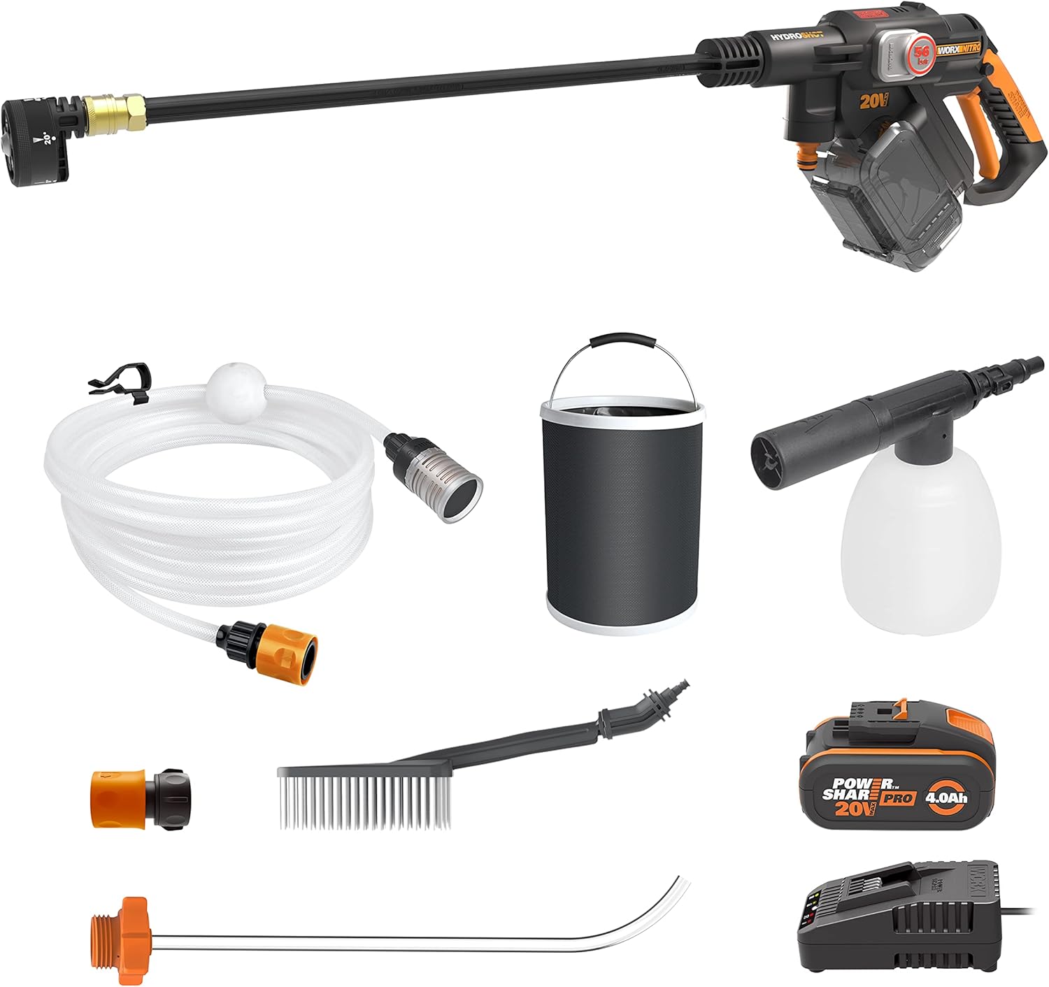 WORX Nitro 18V(20V MAX) Hydroshot Akku-Hochdruckreiniger WG633E.1, PowerShare, Terrassenreinigung und Autoreinigung, Max. 56 Bar, 220L/H, mit Zubehör, 4,0 Ah Akku & Ladegerät ‎‎Orange & Schwarz