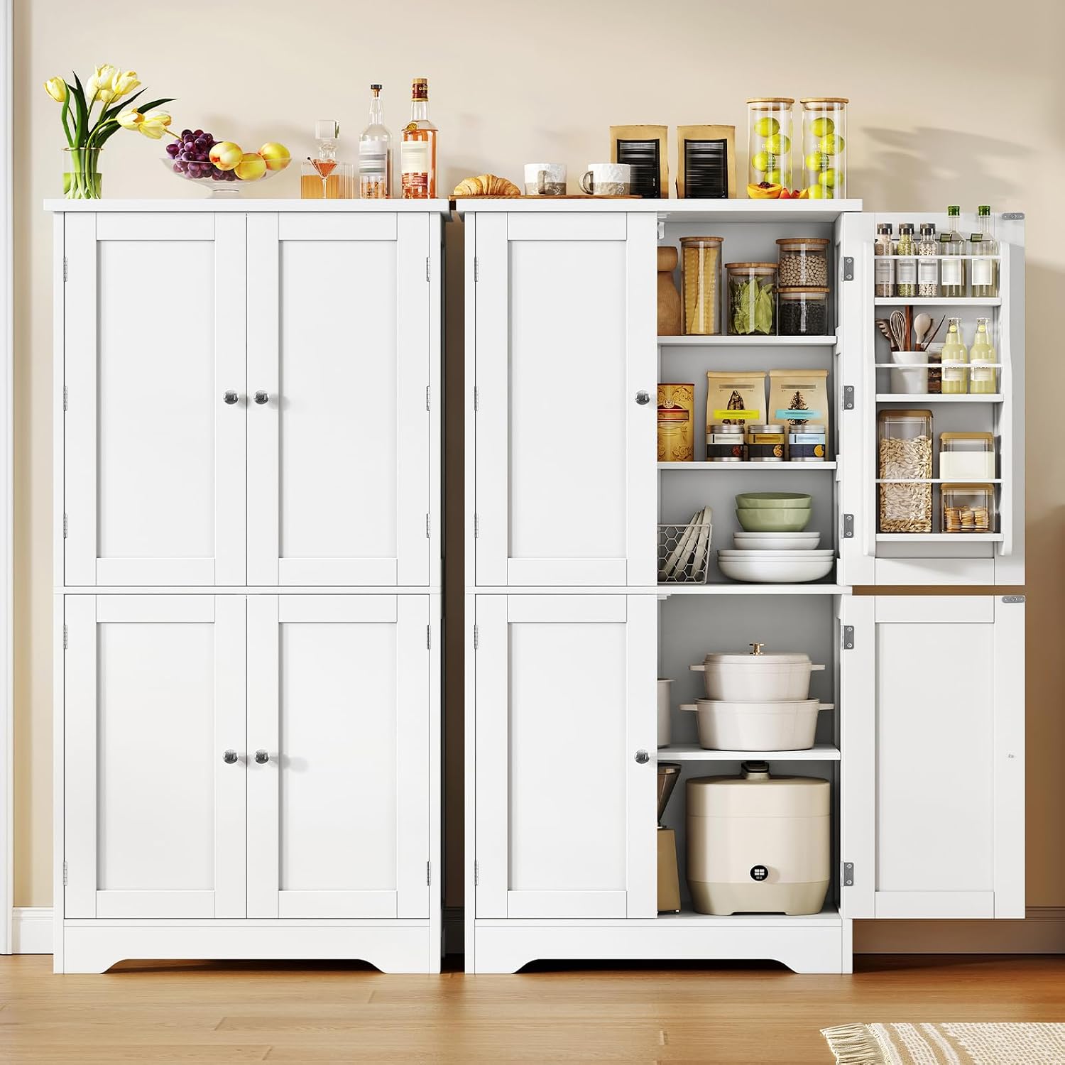 TEENFON Mobile Dispensa Cucina larghezza 60 cm, Armadio 4 Ante altezza 130 cm con Ripiani Regolabili e Portaspezie Integrata, Credenza Alta per Cucina, Soggiorno, Bianco