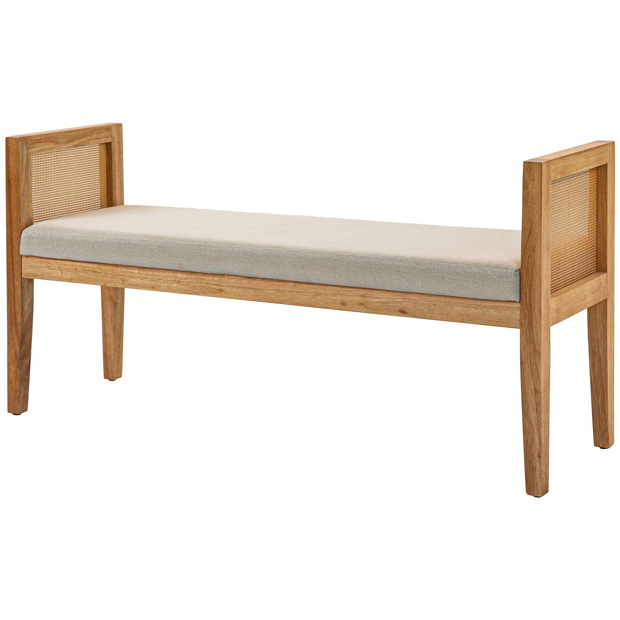HOMCOM Bettenende Bank mit Leinenstoffbezug, Rattan-Armlehnen und massivem Holzrahmen 120 x 38 x 61,5 cm beige