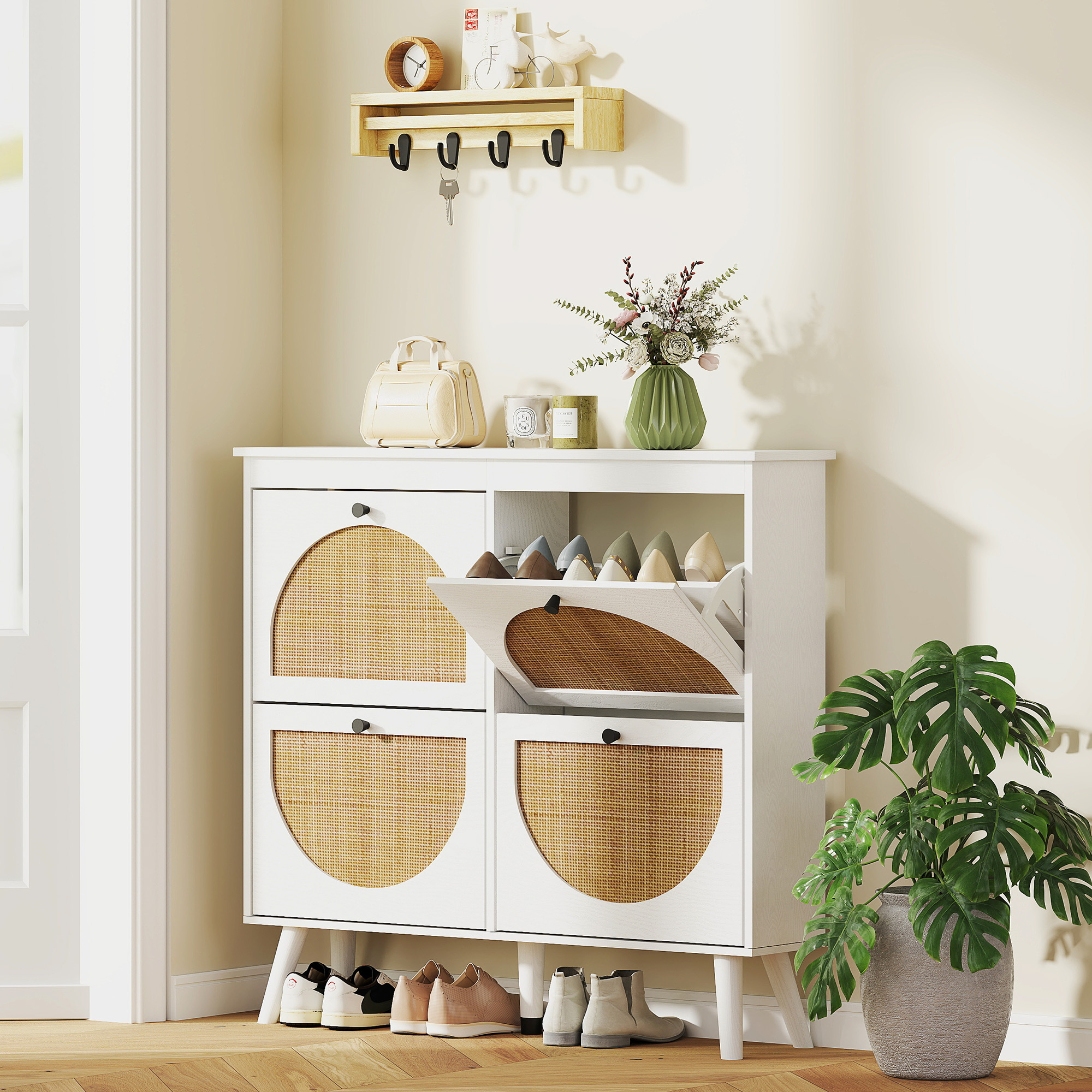 HOMCOM Schuhregal 4 abklappbare Türen 20 Paare verstellbares Regal Bohème-Stil Massivholzfüße 105 x 24 x 97,5 cm Weiß