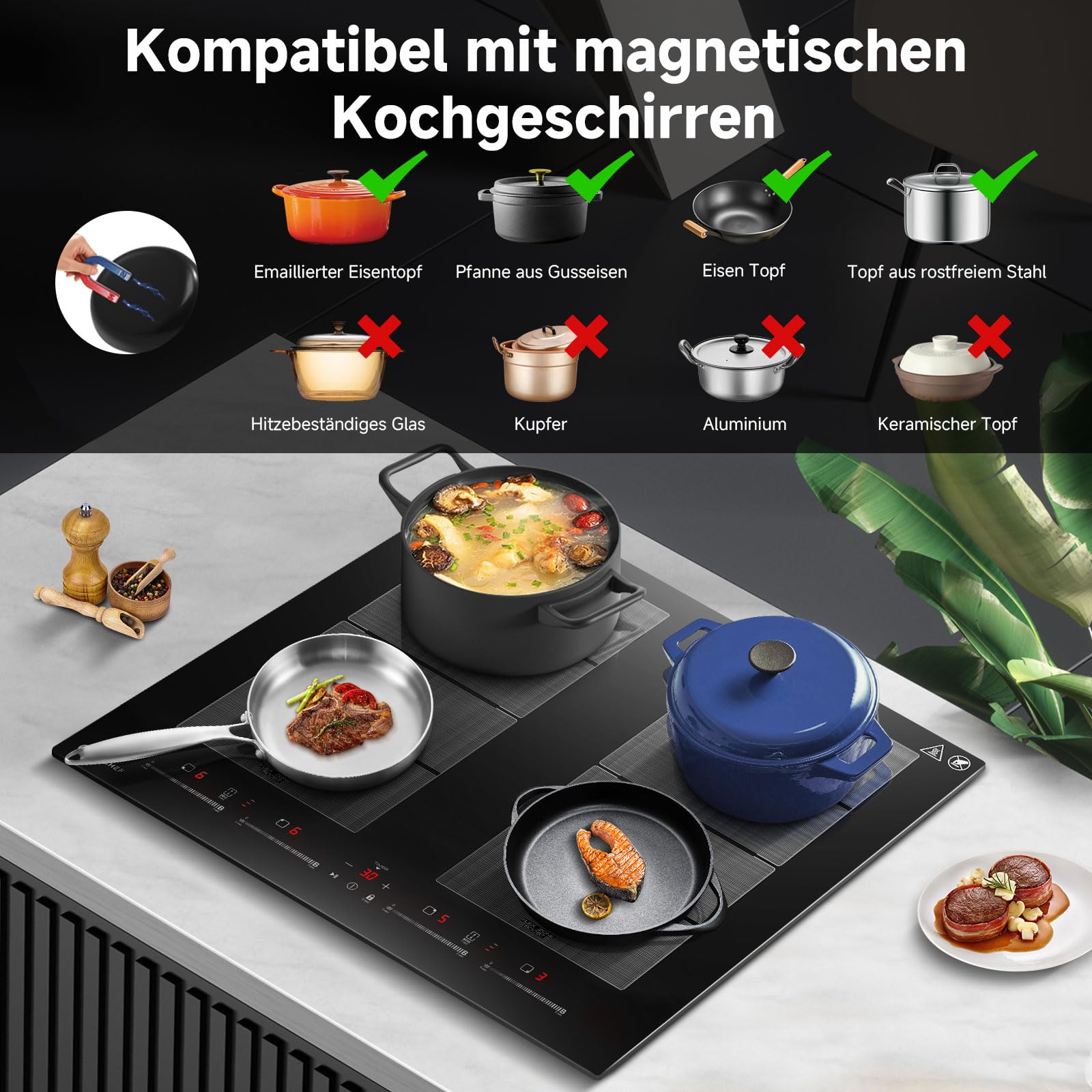 Induktionskochfeld 60 cm mit 2 Flexzonen und Booster, 4 Kochfelder, Glaskeramik, schwarz