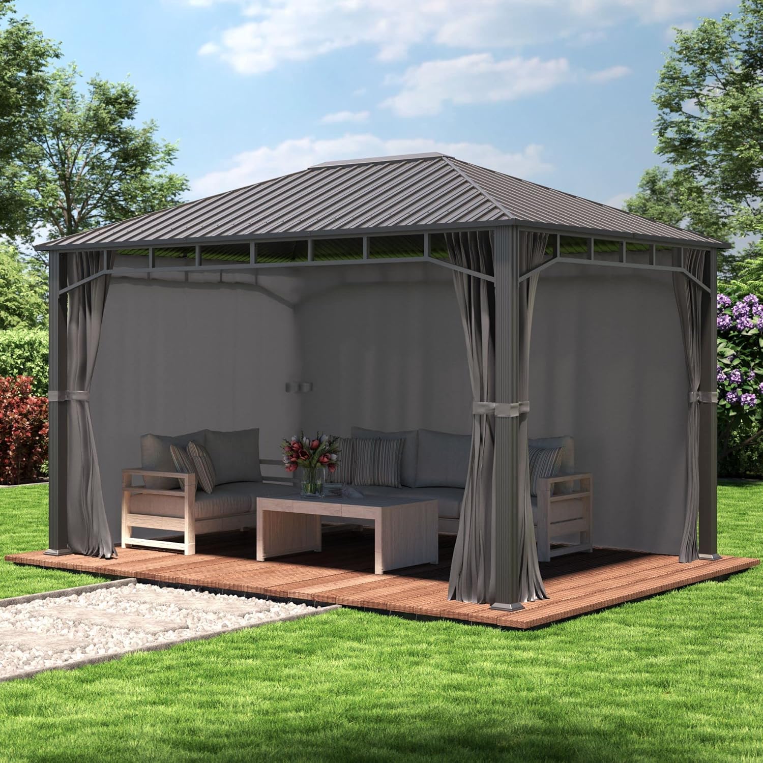 TOOLPORT Gartenpavillon 3x4 m Stahldach Hardtop 4 Seitenteile in Grau, Pfosten 9x9 cm