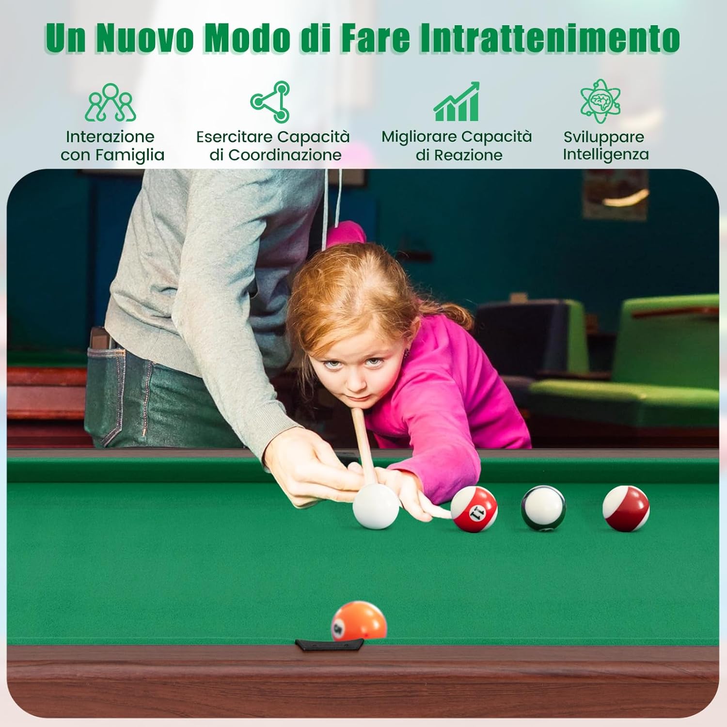 COSTWAY Tavolo da Biliardo, Tavolo da Gioco Biliardo in Legno con Set di Palline 2 Steccette 2 Gessi Triangolo Spazzola, Mini Tavolo da Biliardo per Sala Giochi bar Palestra, 122x61x76 cm