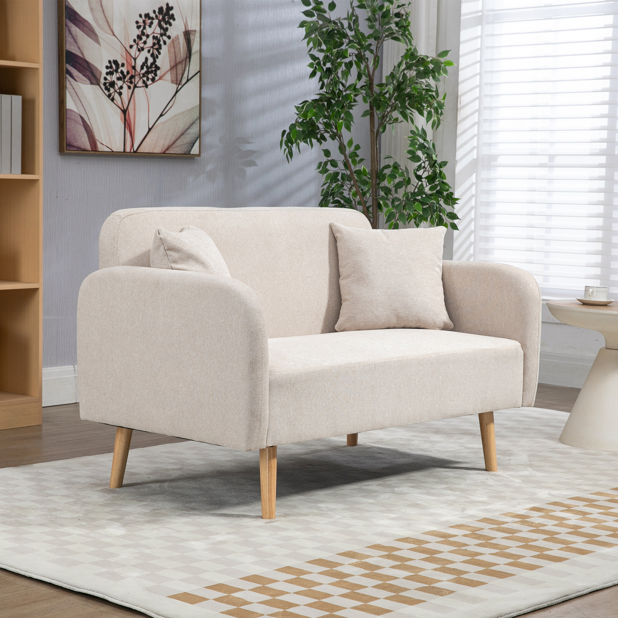 2-zitsbank, Moderne Design Bank, inclusief 2 kussens, houten poten, 130 x 70 x 80 cm, Cr��me