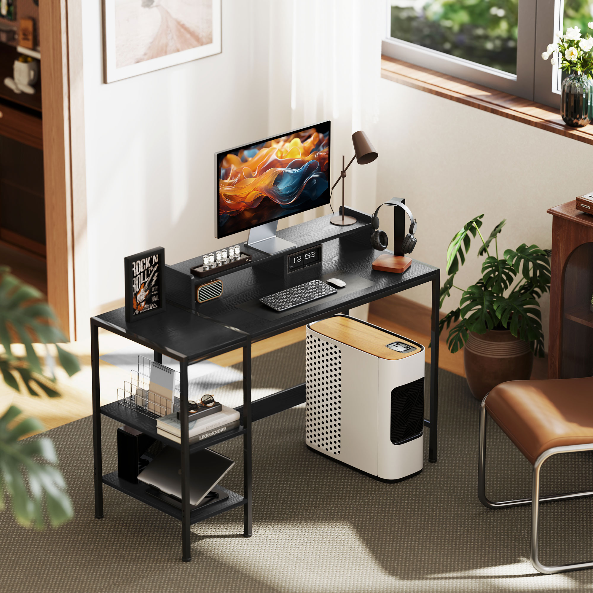 HOMCOM Schreibtisch PC mit Monitorständer und 2 verstellbaren Regalen, aus Holz und Stahl, 120x48x85,5 cm, Schwarz