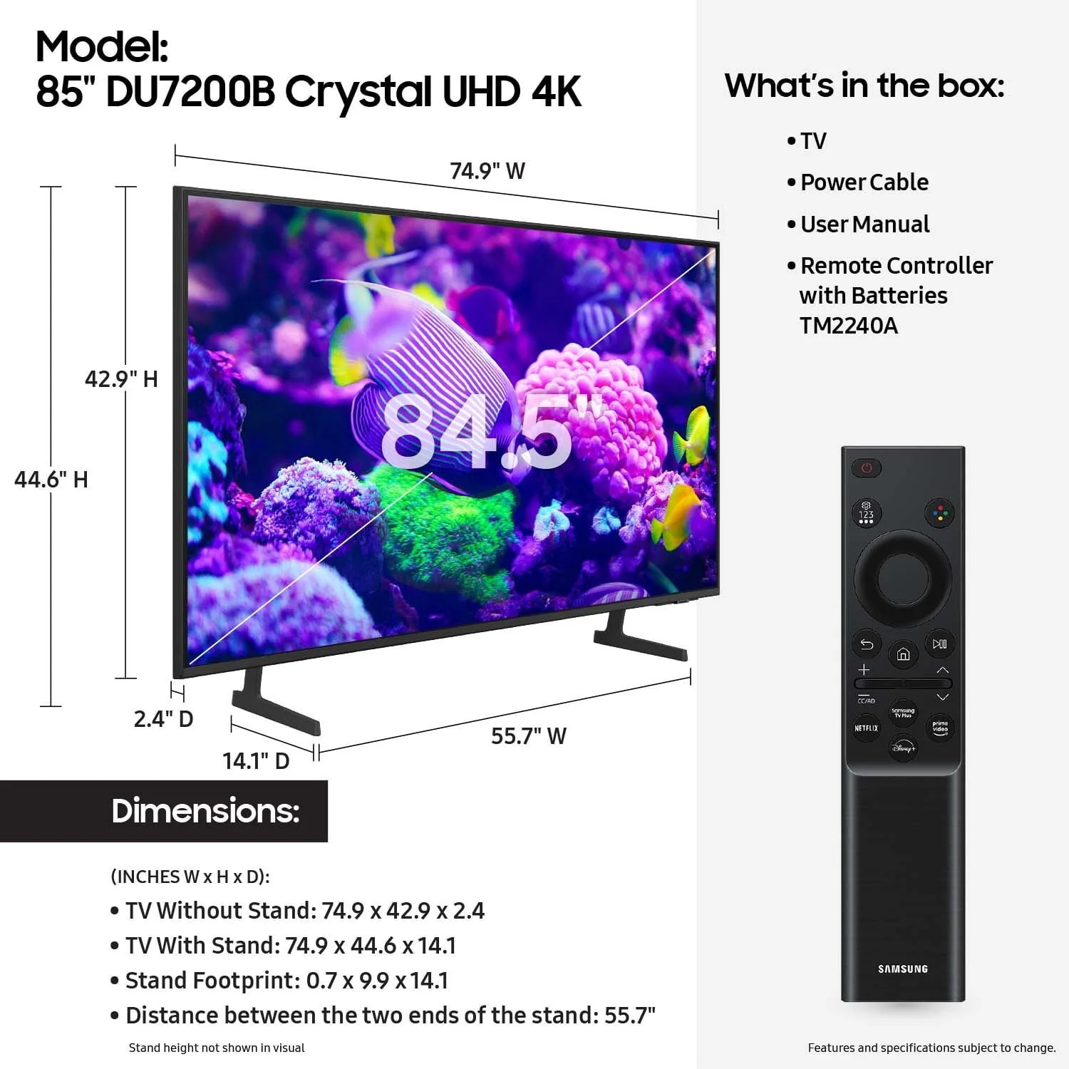Samsung 85��� Crystal UHD 4K Smart TV with PurColor & HDR �C DU7200B 2024 Model