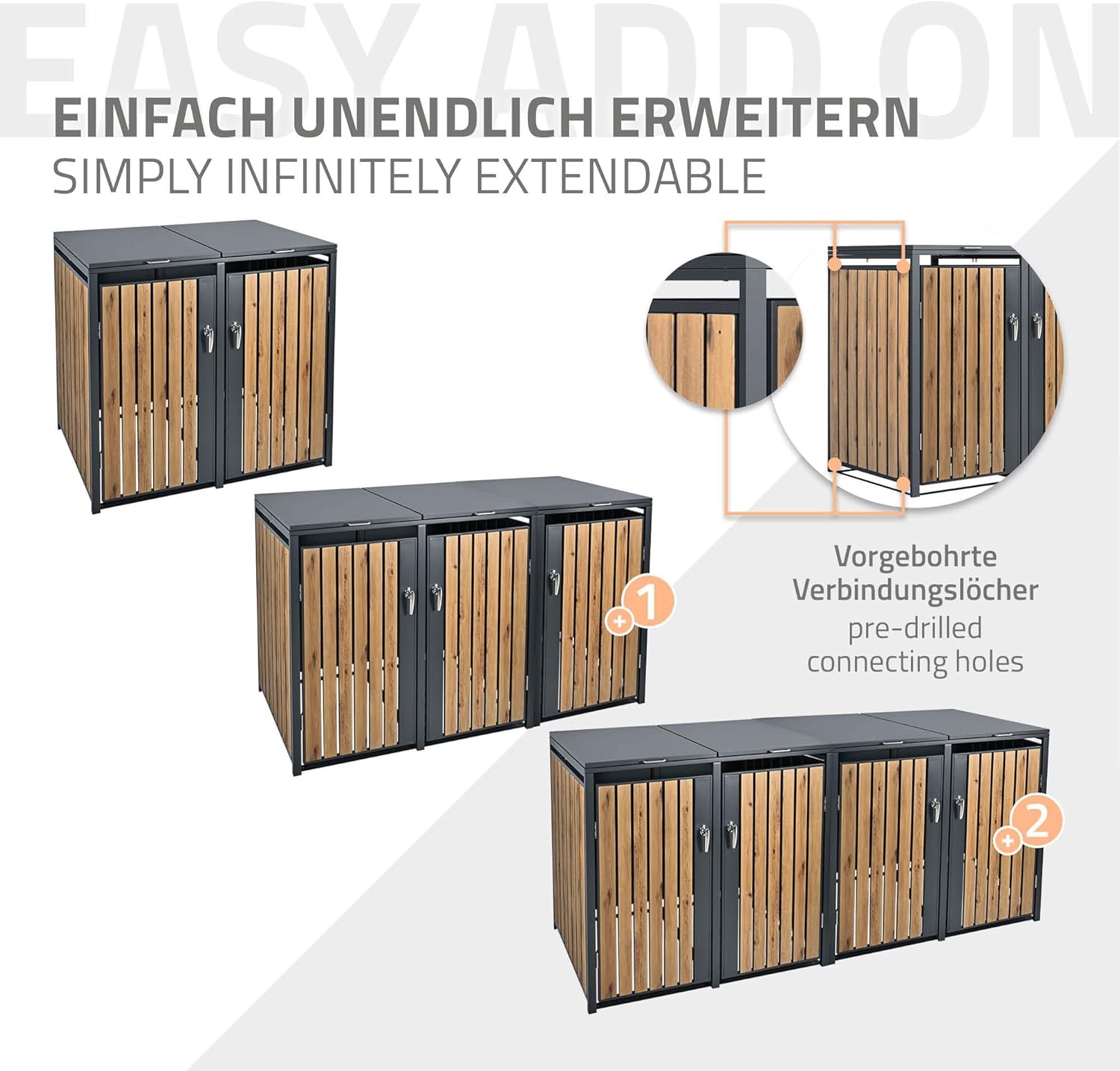 ML-Design Mülltonnenbox 4er 4 Tonnen 240L 264x80x116,3cm Anthrazit-Holzoptik, Stahl, wetterfest/abschließbar Mülltonnenverkleidung Klappdeckel/4 Türen, Müllbox Mülltonnecontainer Mülltonnenabdeckung