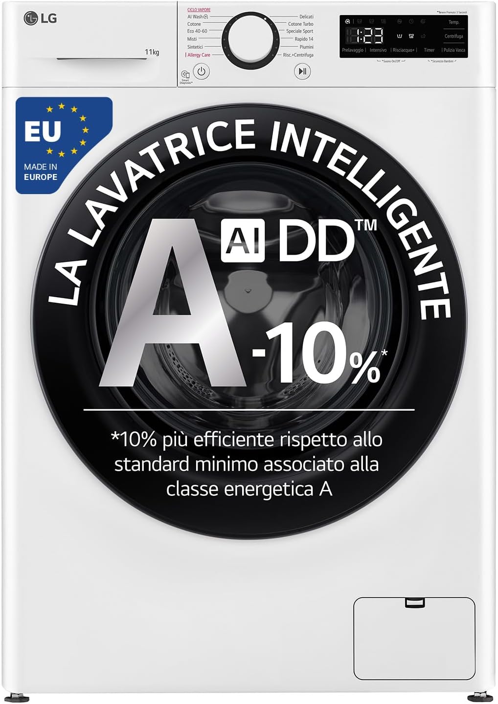 LG AI DD F4R3011NSWB Lavatrice Carica Frontale Serie R3, 11kg, 1400 giri, AIWash, Lavaggio a vapore, Motore Direct Drive, Smart Diagnosis, Libera installazione, Bianca, 60 x 85 x 56.5 cm