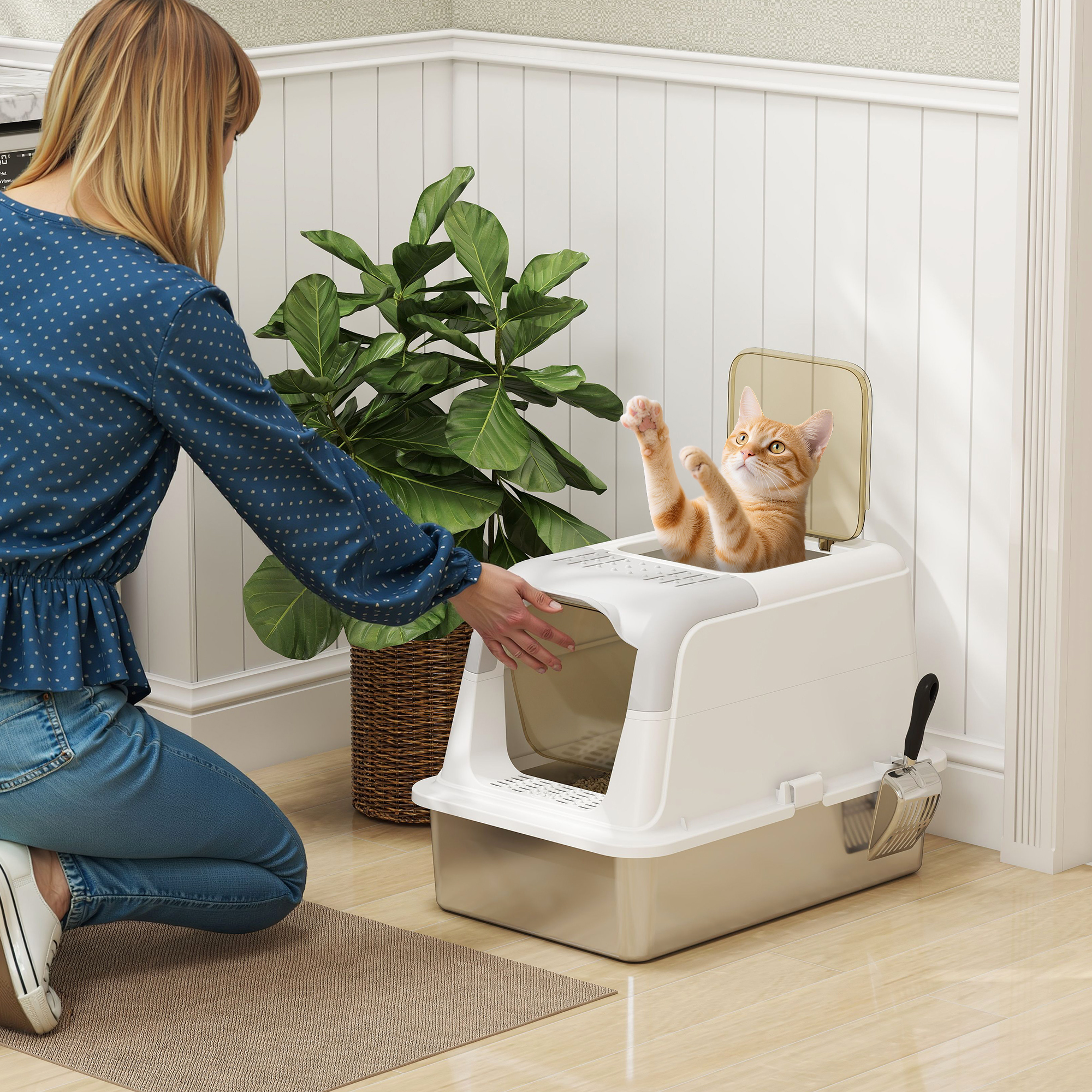 PawHut Katzenklo, Katzentoilette mit Deckel, Streuschaufel, vorne Eingang und ober Ausgang Edelstahl bis 15 kg