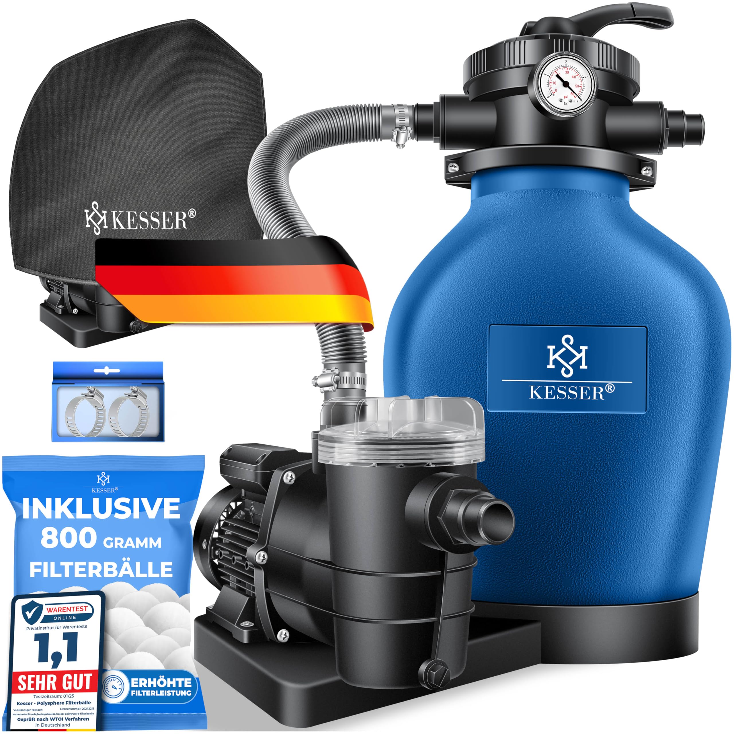 KESSER Sandfilteranlage Pool bis 60.000 L, 10.200 L/h, 400 W, 7 Wege Ventil, Druckanzeige, 20 L Tank, Blau