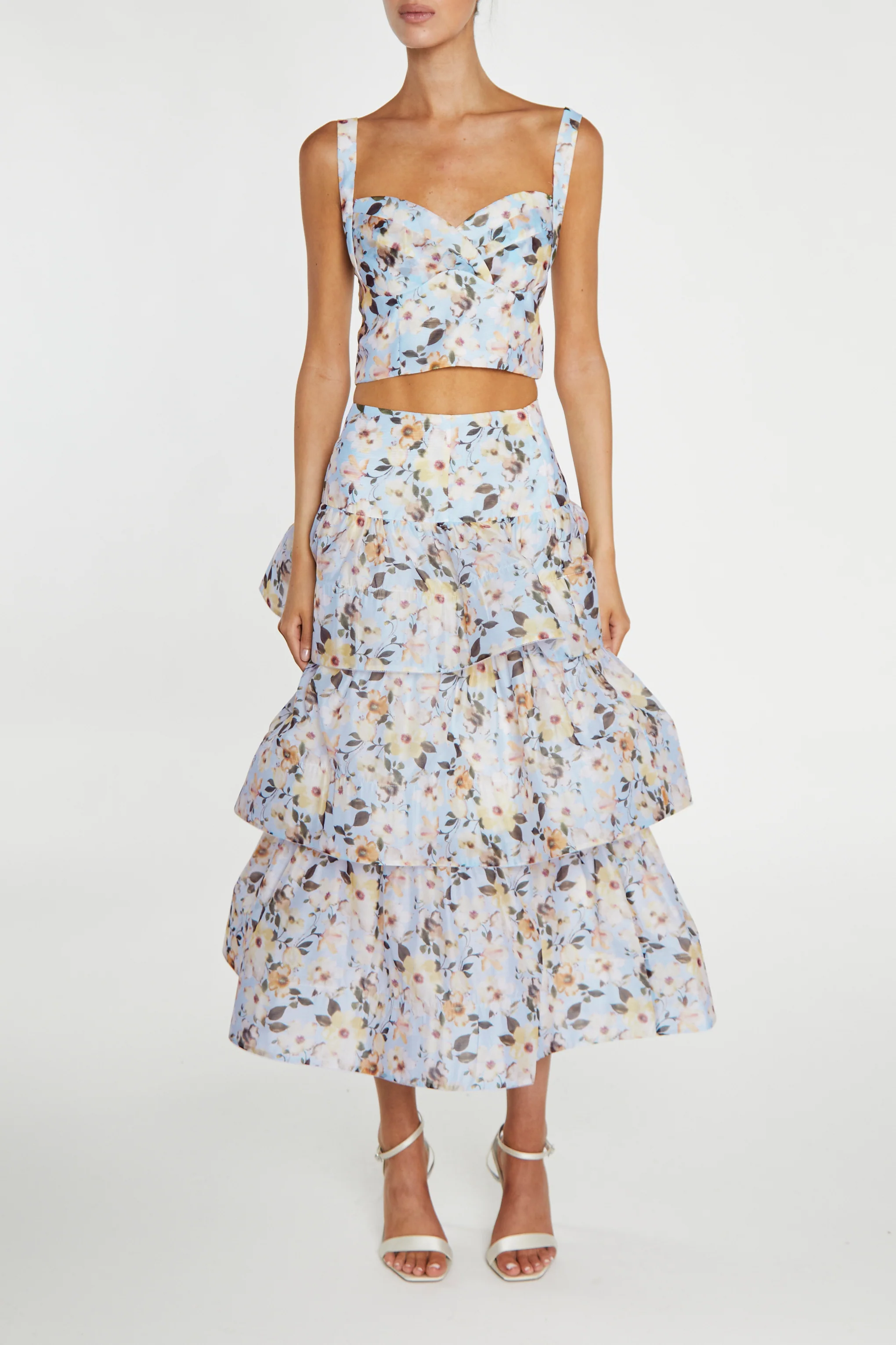 Maisie Co-ord Pale-Blue Flower Organza Wrap Bust Crop-Top