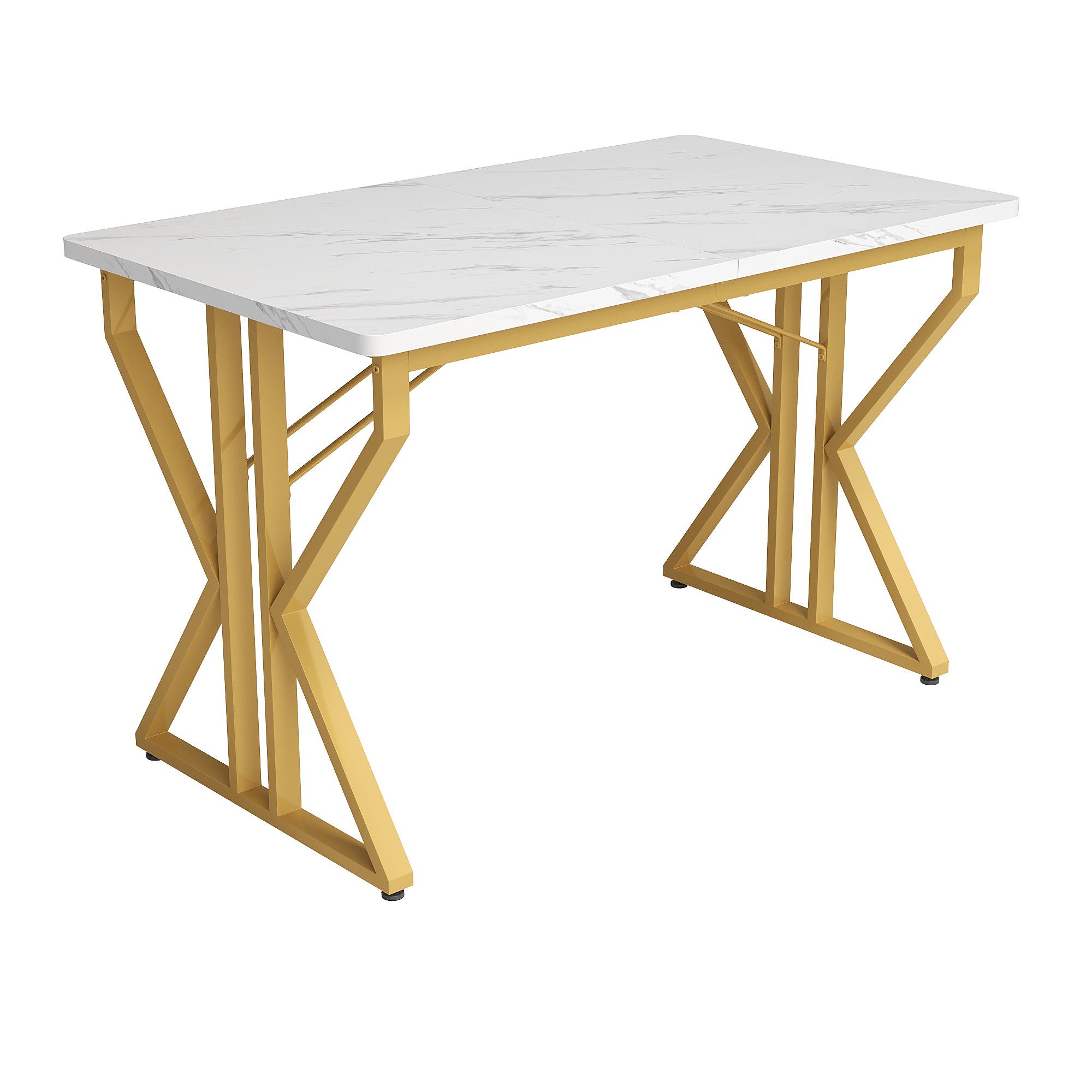 Esstisch mit Metallbeinen, moderner Marmortisch, stabiles Metallgestell, verstellbare Tischbeine, 119×70×75cm, Weiß+Gold