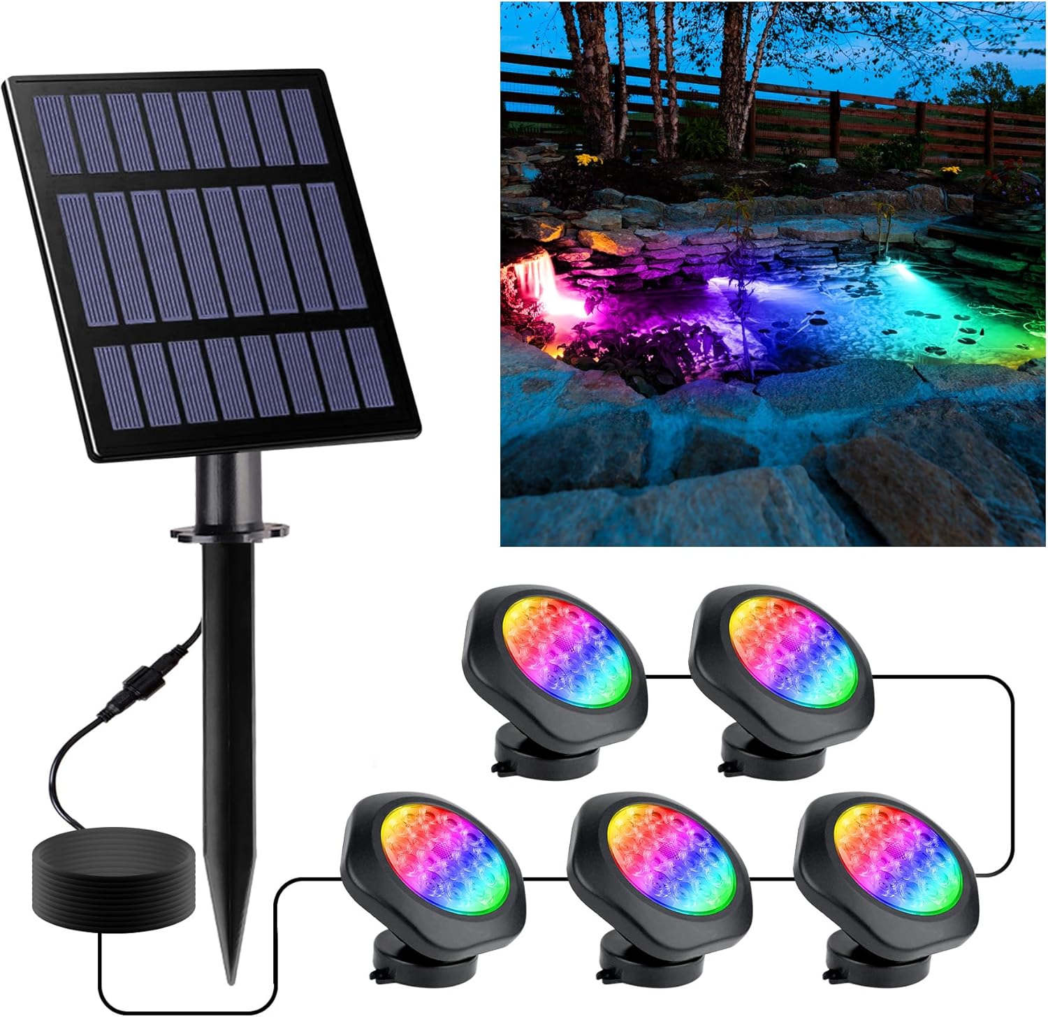 Solar-Teichleuchten für den Außenbereich, Landschafts-Spot, Unterwasser-Teichlicht, LED, RGB-farbig, IP68, wasserdicht, Brunnenlicht für Garten, Hof, Rasen, Weg (5 Stirnlampen)
