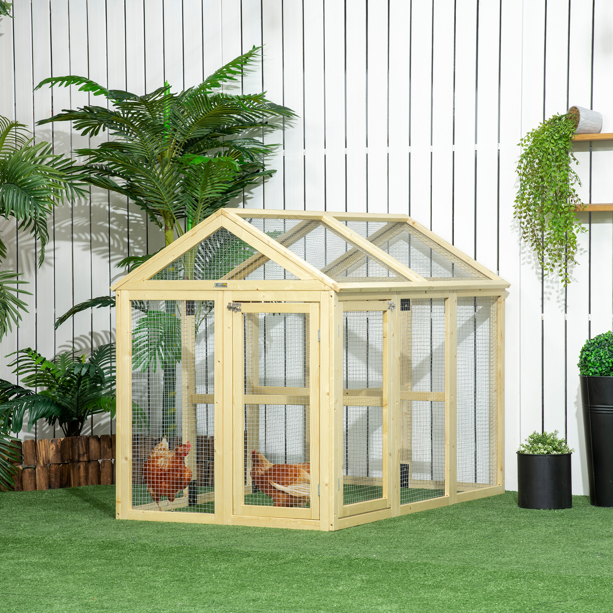 PawHut Hühnerstall aus Holz mit Drahtgitter 140 x 88,5 x 106 cm Natur