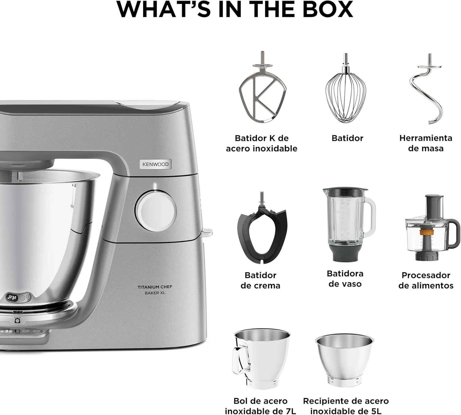 Kenwood Titanium Chef Baker KVL85.424SI Küchenmaschine mit integrierter Waage, inkl. 4-teiligem Patisserie-Set, 7 L und 5L Rührschüssel, stufenloser Geschwindigkeitsregler, 1200 W, Silber