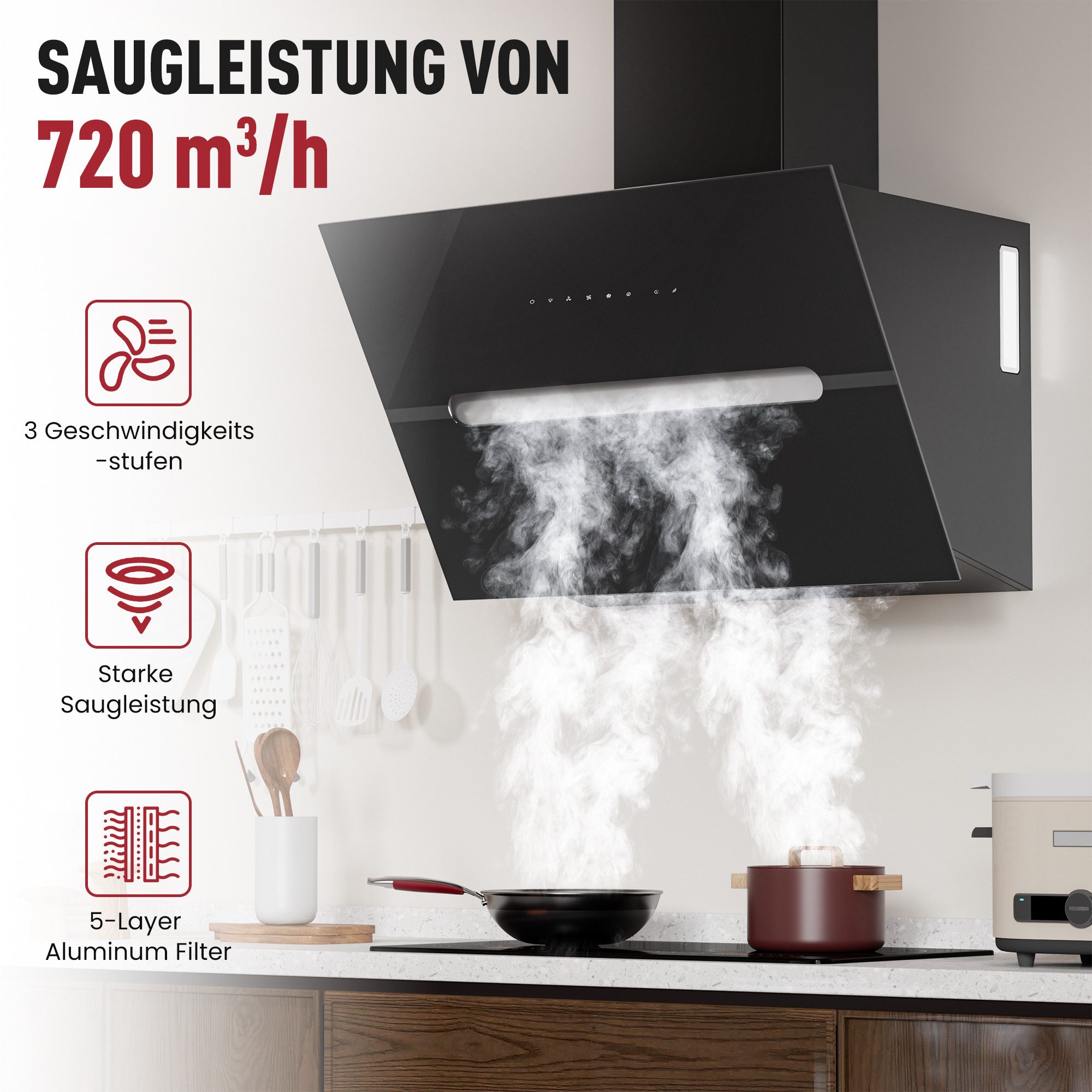 Kopffreihaube A+++ 720 m³/h Kopffreie Dunstabzugshaube 60cm und 90cm Umluft & Abluft