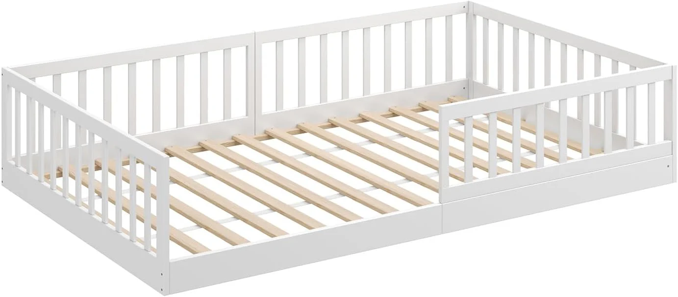 CADANI Timi 2-in-1 Vloerbed 140x200 cm Montessori Kinderbed met uitneembare valbeveiliging incl. lattenbodem, massief grenenhout, wit - 3 opbouwmogelijkheden, belastbaar tot 200 kg, ombouwbaar