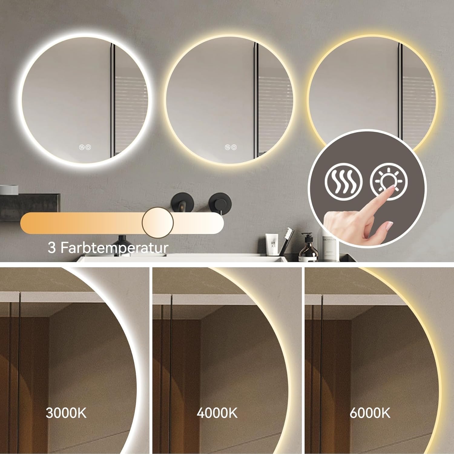 Tidyard 70 cm LED Rundspiegel, 3-farbige dimmbare Beleuchtung, Anti-Beschlag-Funktion, für Bad und Schlafzimmer