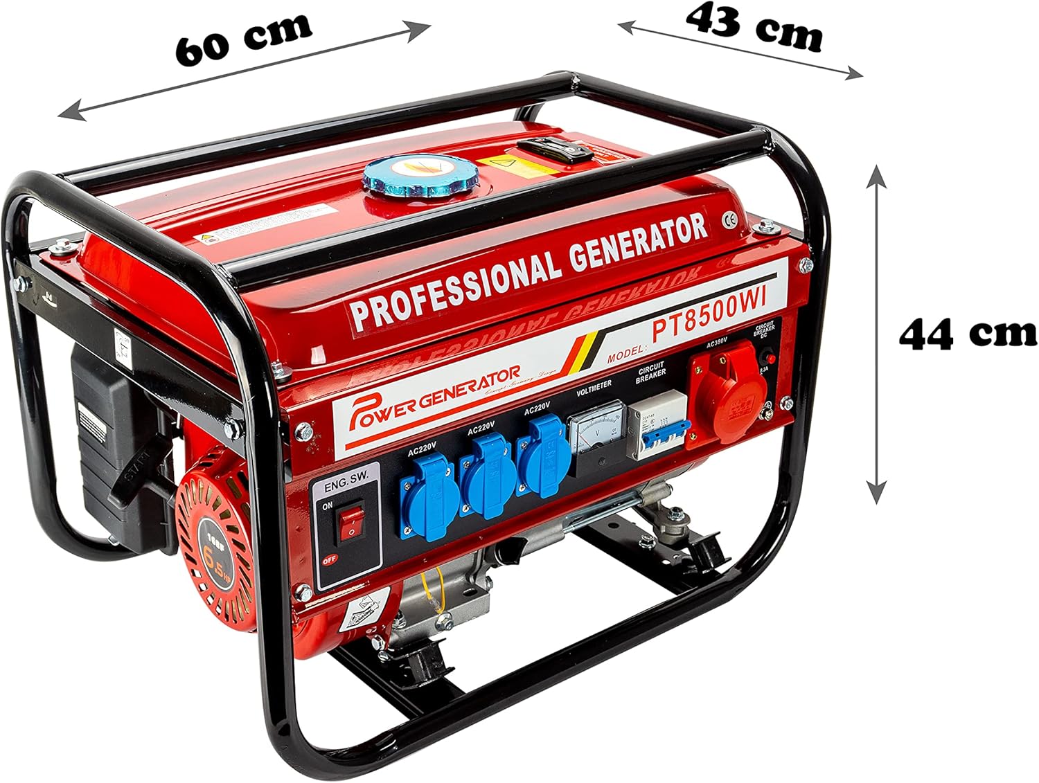Generatore di corrente con benzina, generatore di corrente con accessori, unità di emergenza silenziosa, 5 prese, 3 prese da 230 V, 1 da 400 V, 1 da 12 V, 6,5 CV (generatore di corrente con avviamento