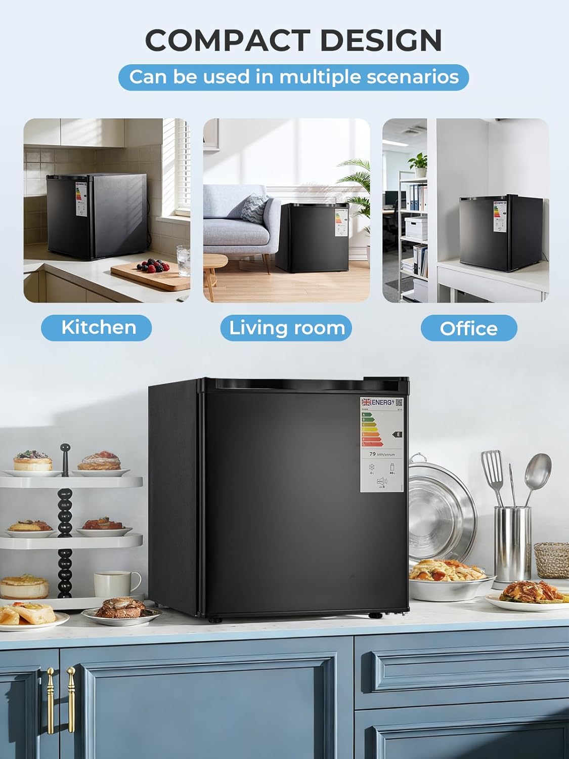 FOHERE Mini Kühlschrank 46L, Kleiner Kühlschrank mit 7-Stufige Kühlung, Energieeffizienter, Superleise, Wechselbarer Türanschlag & Verstellbare Füße, für Hotel, Büro, Kleine Wohnungen,Schwarz