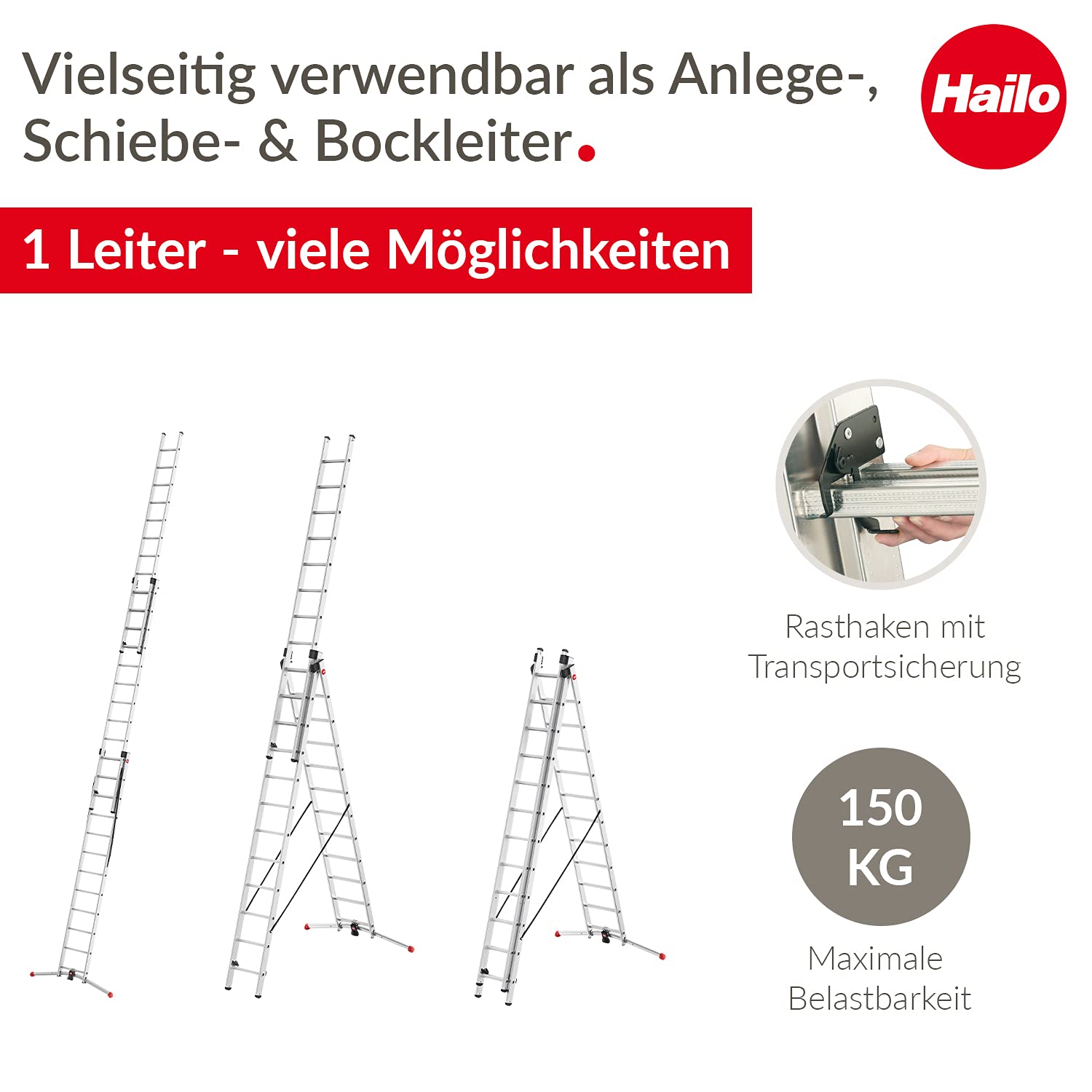Hailo S100 ProfiLOT 3teilige Alu Kombileiter Lotsystem Niveauausgleich 3x12 Sprossen 150 kg Made in Germany