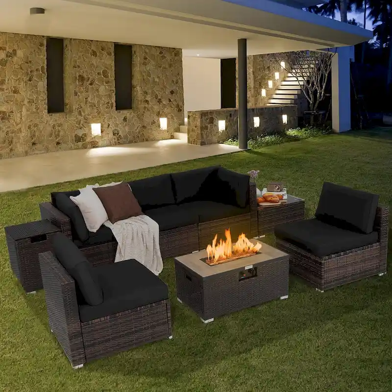 8PCS Patio Rattan Furniture Set Fire Pit Table Tank Holder Cover Deck