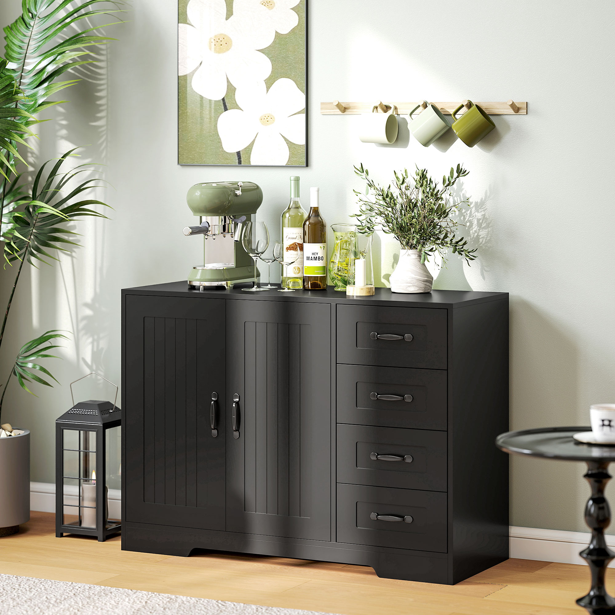 HOMCOM Sideboard, Kommode, moderner Stil, 4 Schubladen, 1 Schrank, 105 x 40 x 76 cm, Schwarz