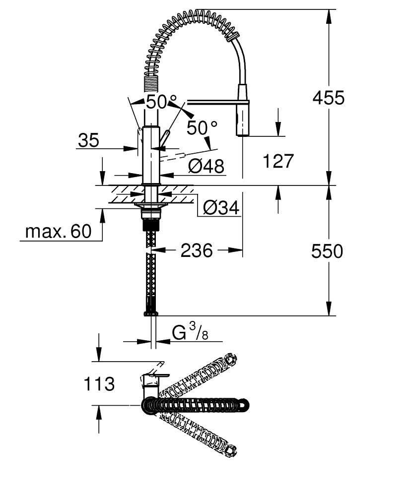 Küchenarmatur 30361000 mit herausziehbarer Brause 2 Strahlarten 360° schwenkbar 35-mm-Keramikkartusche Temperaturbegrenzer Chrom