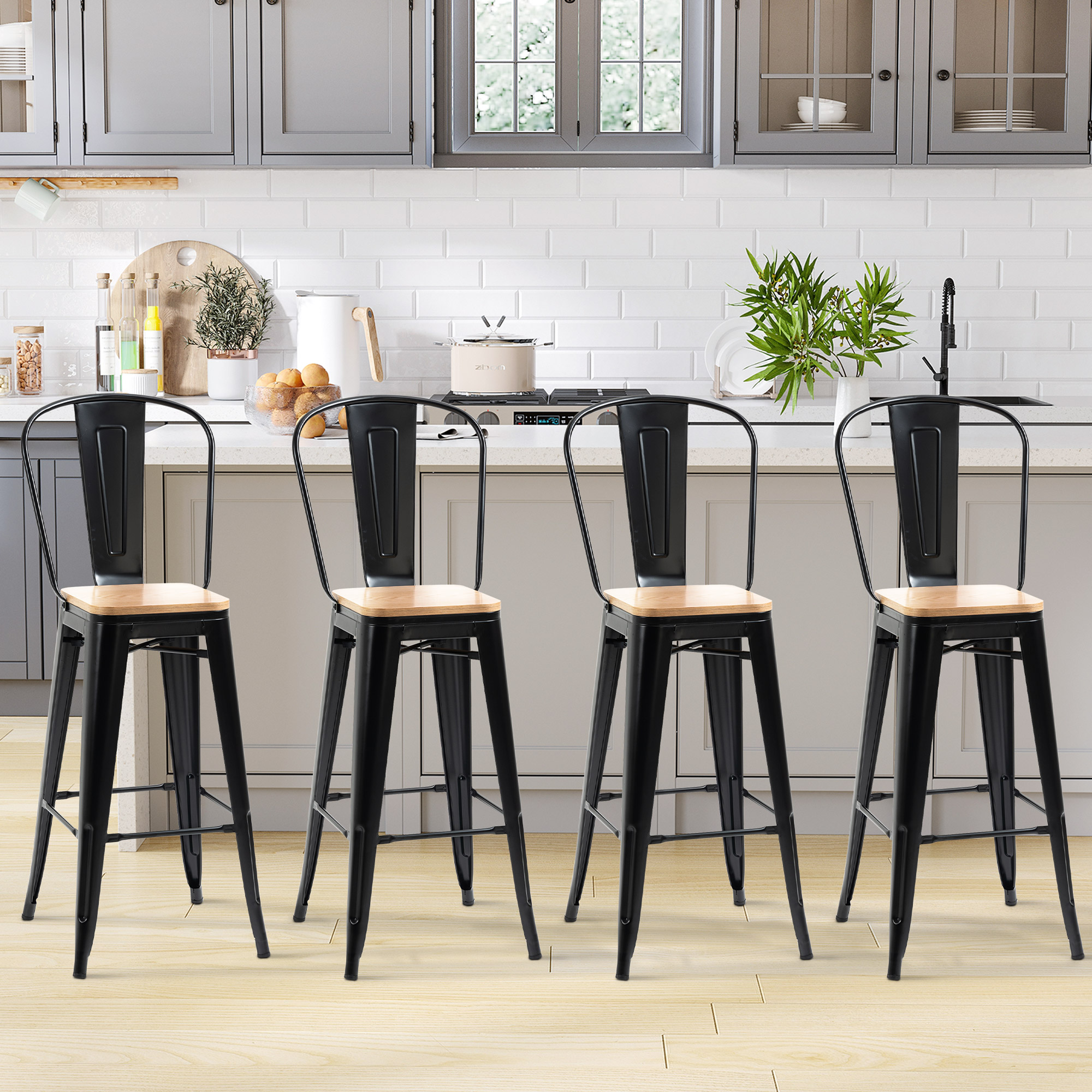 HOMCOM Set mit 4 Industriellen Barhockern mit Rückenlehne Fußstütze Sitzhöhe 76 cm Metall Schwarz Mehrschichtige E1-Spanplatten Holzimitat