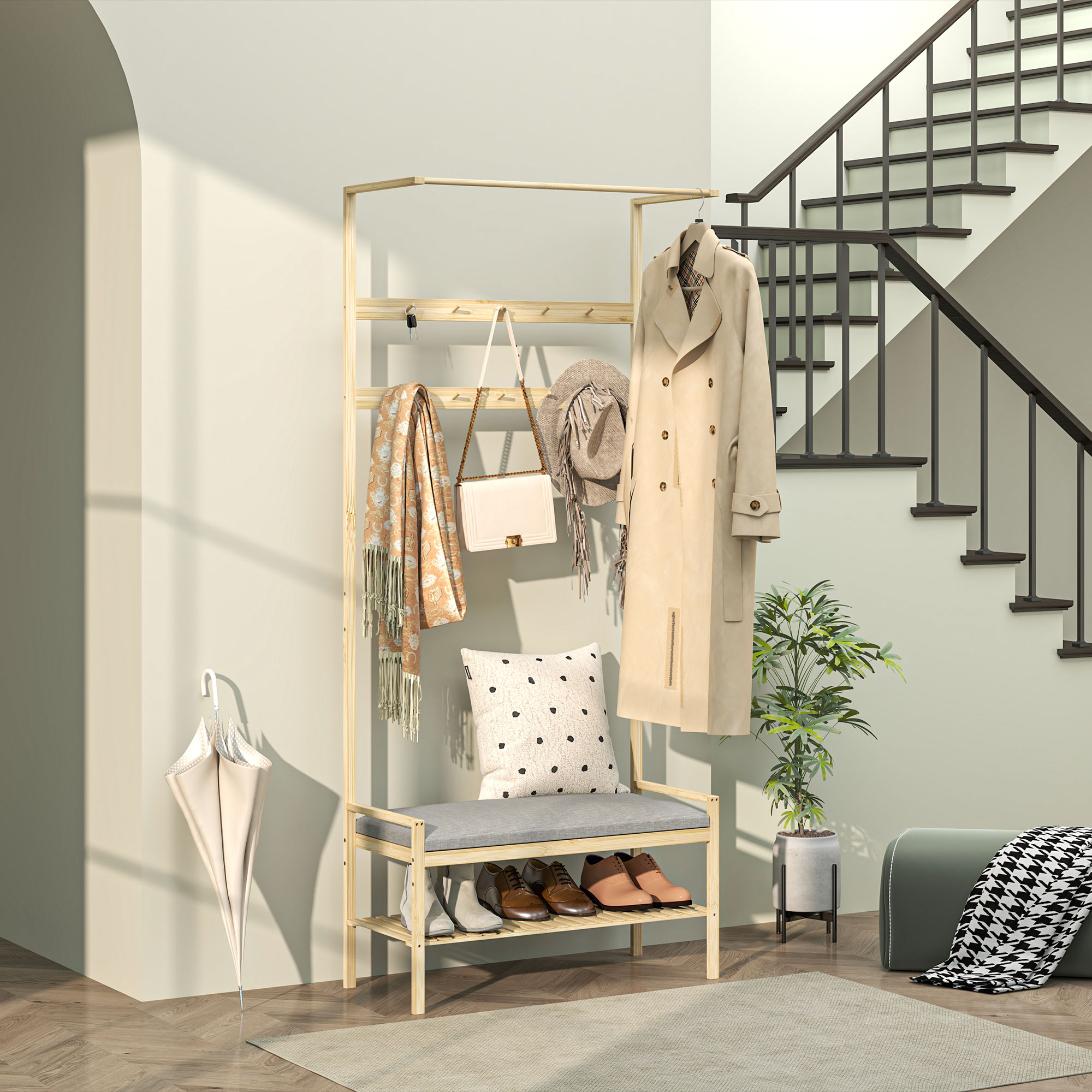 HOMCOM Garderobe mit Schuhbank, Kleiderstange, 10 Kleiderhaken, Schuhablage, Bambus