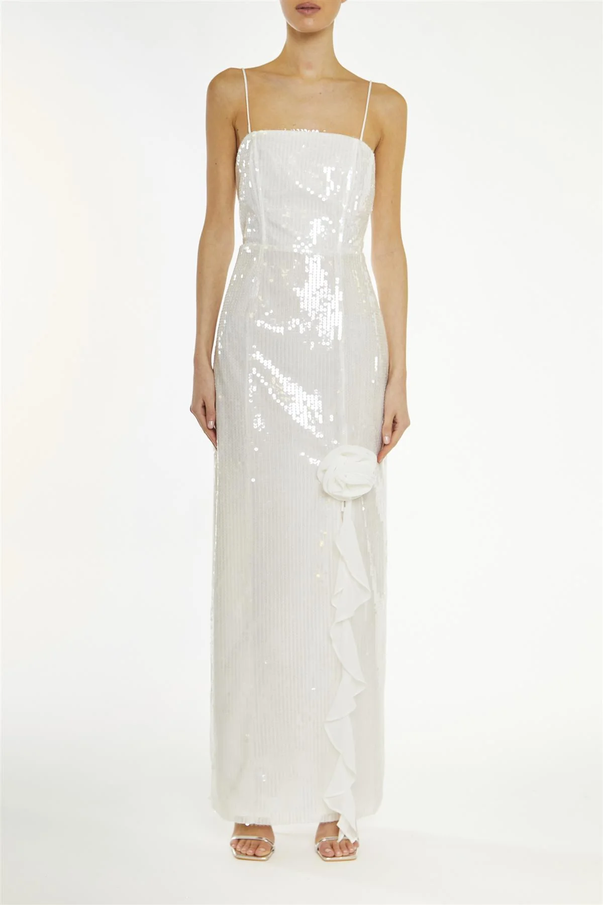 Crystal White Translucent-Sequin Ruffle-Split Maxi-Dress