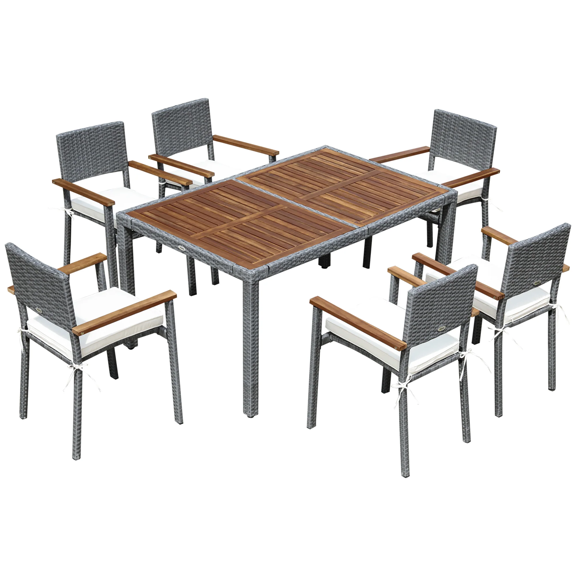 EasyComfort Set da Giardino 7 Pezzi, Tavolo in Acciaio e 6 Sedie in Legno e Rattan con Cuscini, Grigio