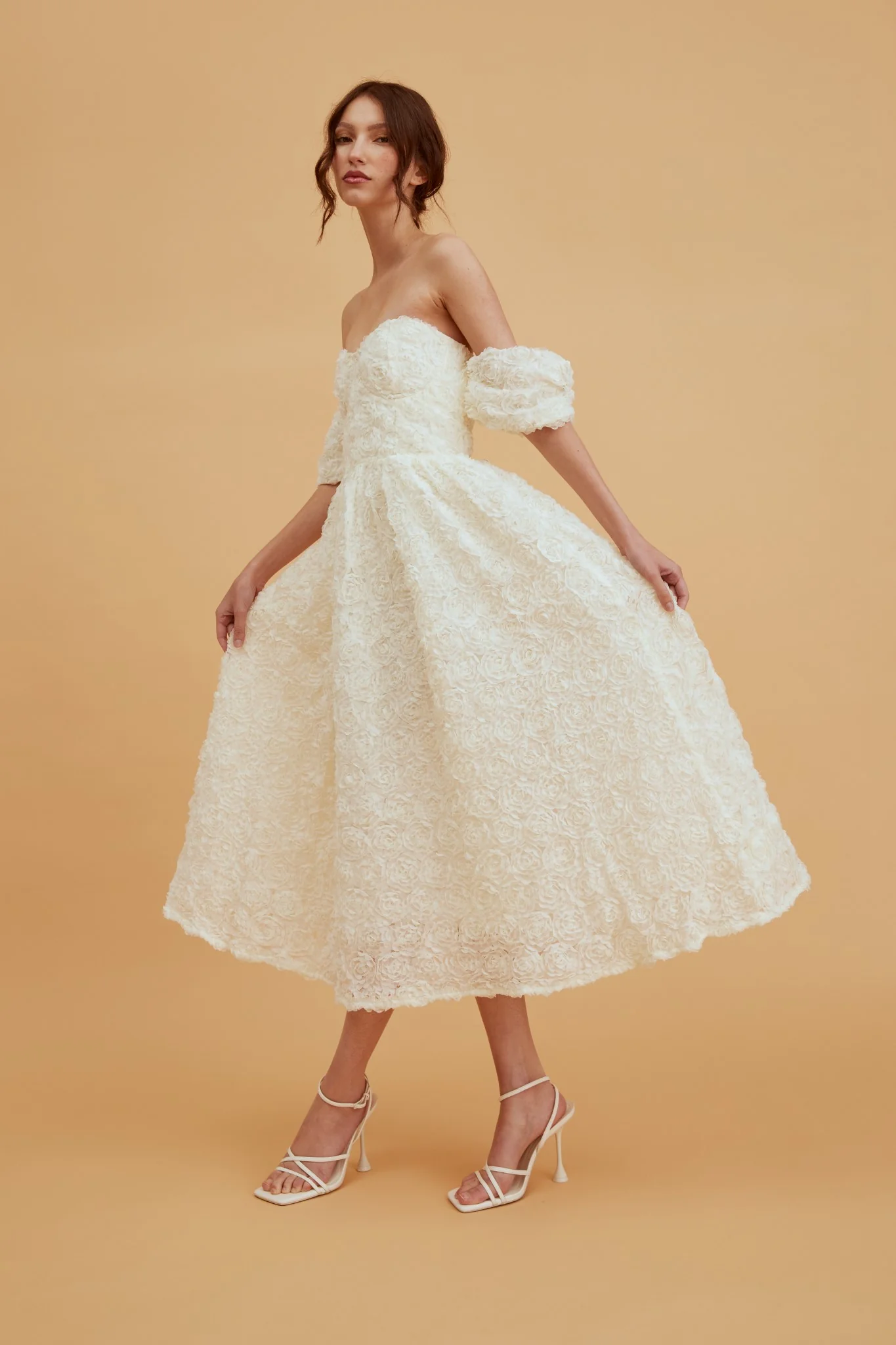 Amelia Cream Jacquard Bardot Midaxi Skater Dress
