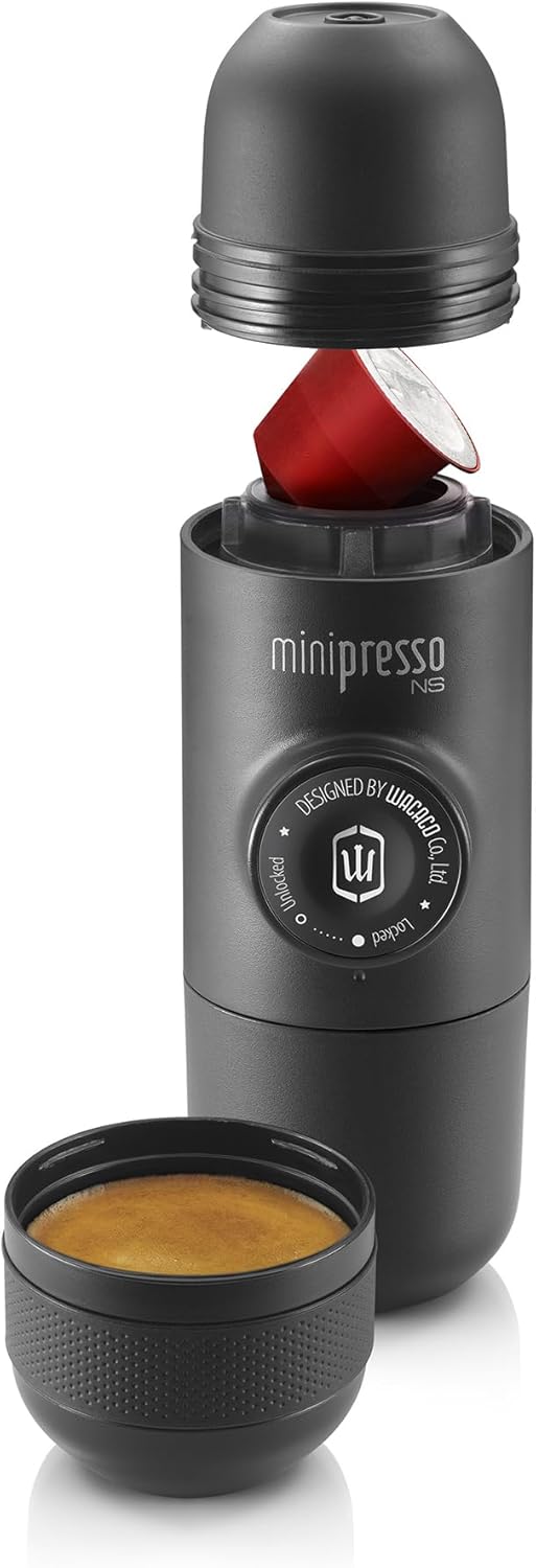 WACACO Minipresso NS, Caffettiera Portatile, Azionabile Manualmente, Macchina Espresso Portatile, Compatibile con Capsule *Nespresso?* (capsule originali NS e compatibili), Caffettiera da Viaggio