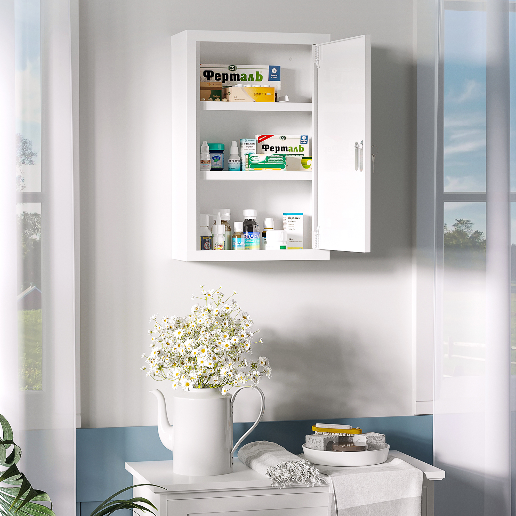 kleankin Medizinschrank, abschließbar, Einlegeböden, Stahlgehäuse, 30x14x46 cm, Weiß