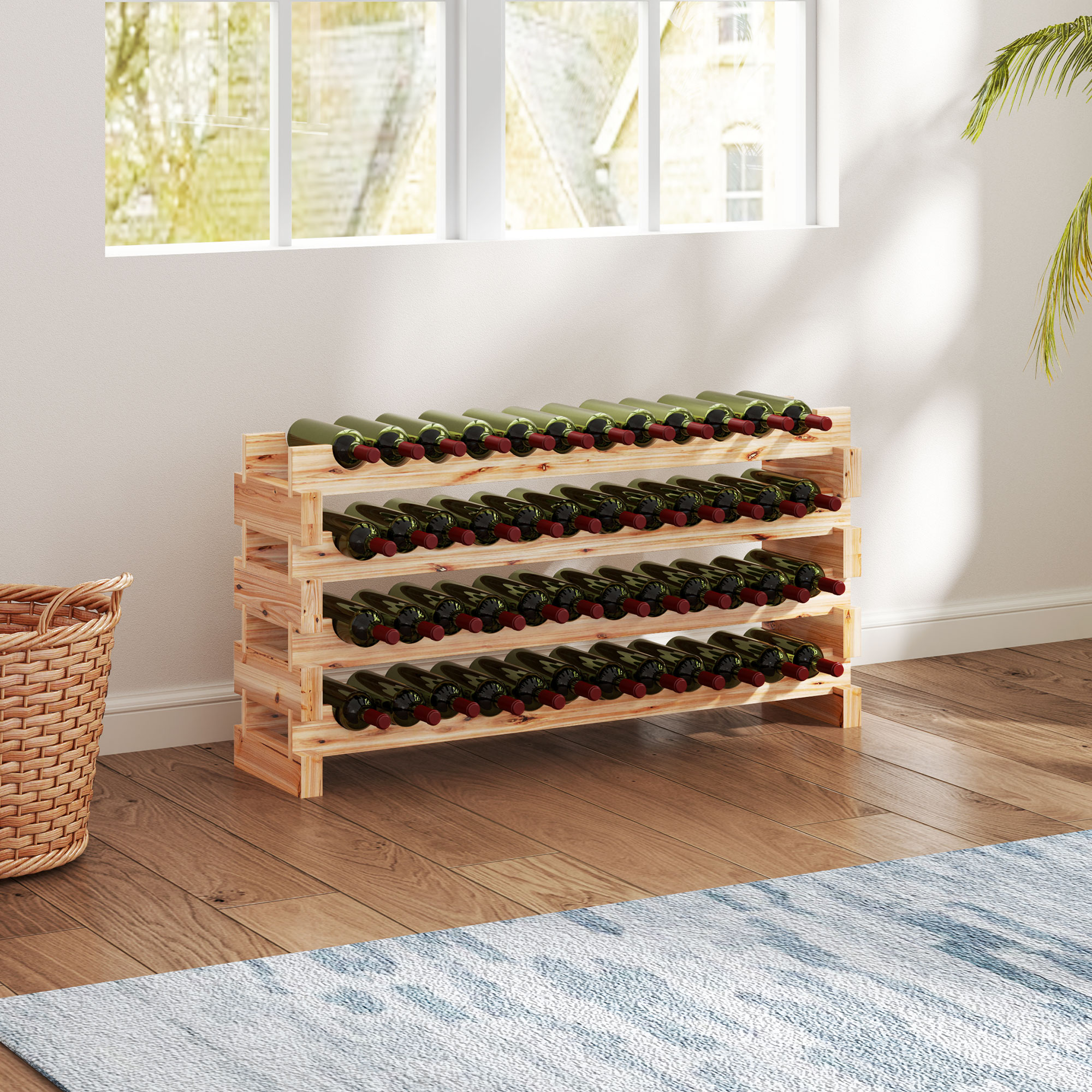 HOMCOM Weinfach aus Fichtenholz, Flaschenregal mit 4 Regalen für 48 Flaschen, 114x28x56,5 cm, Farbe Naturholz