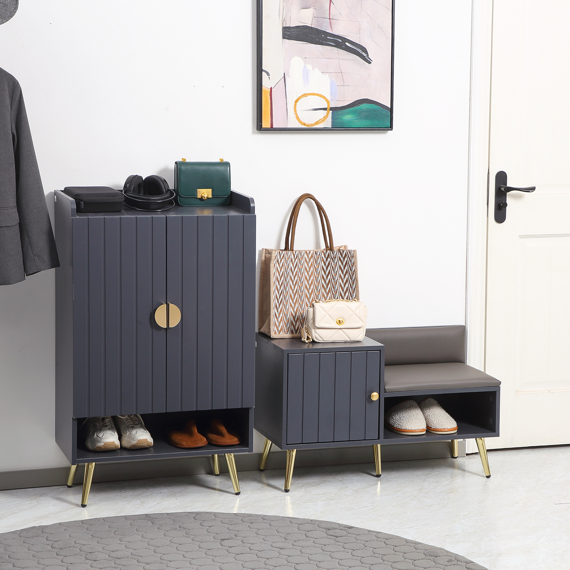 HOMCOM Schuhschrank mit Schrank und Fach Oberfläche aus synthetischem Bezug 80 x 33 x 49 cm grau