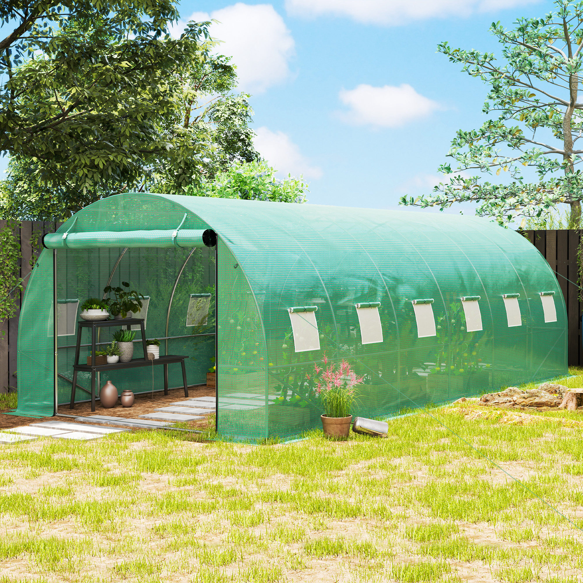 Outsunny Polytunnel Gewächshaus mit Kunststoff-Abdeckung und Stahlrahmen, begehbares Gewächshauszelt mit Rolltüren, Grün