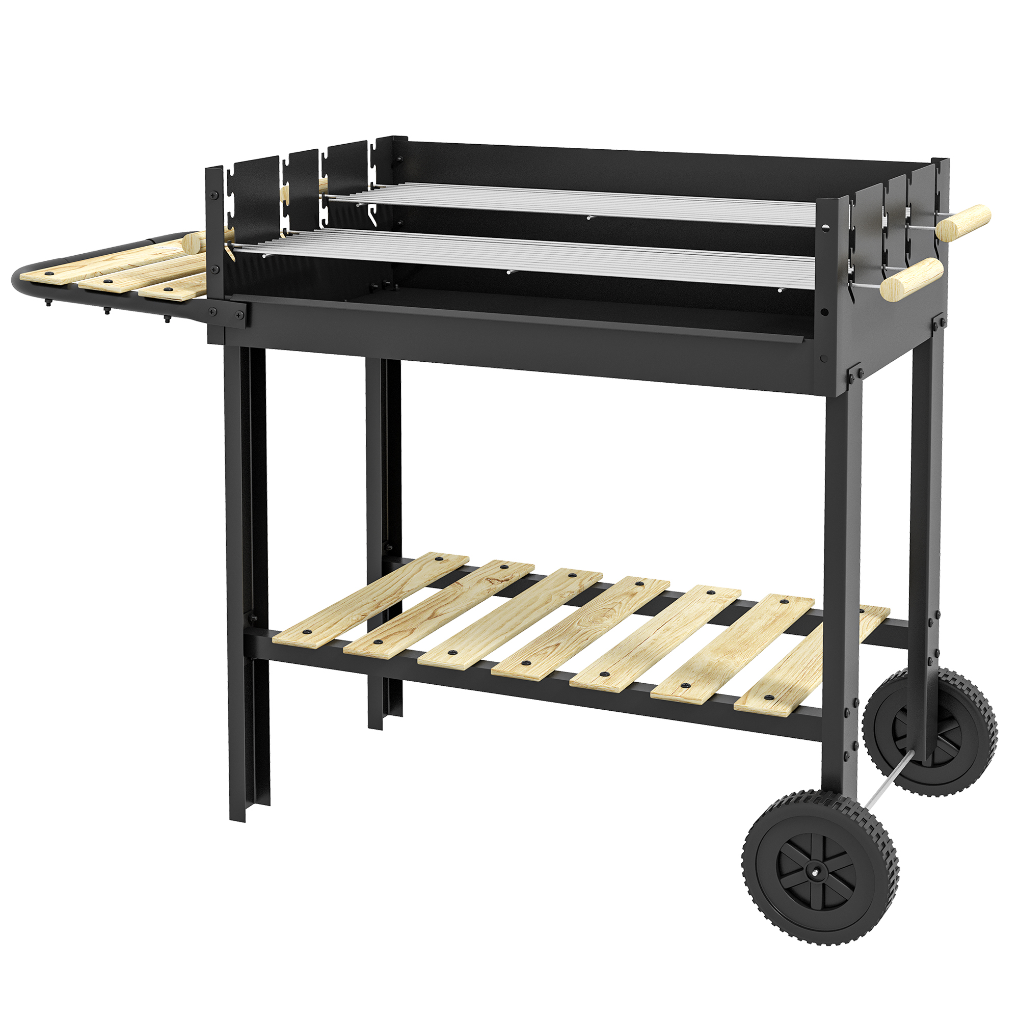 Outsunny Kohlegrill, Grillwagen, 2 Grillflächen, 2 Räder, Griffe, Ablagen, 113 x 53,5 x 82,5 cm, Schwarz