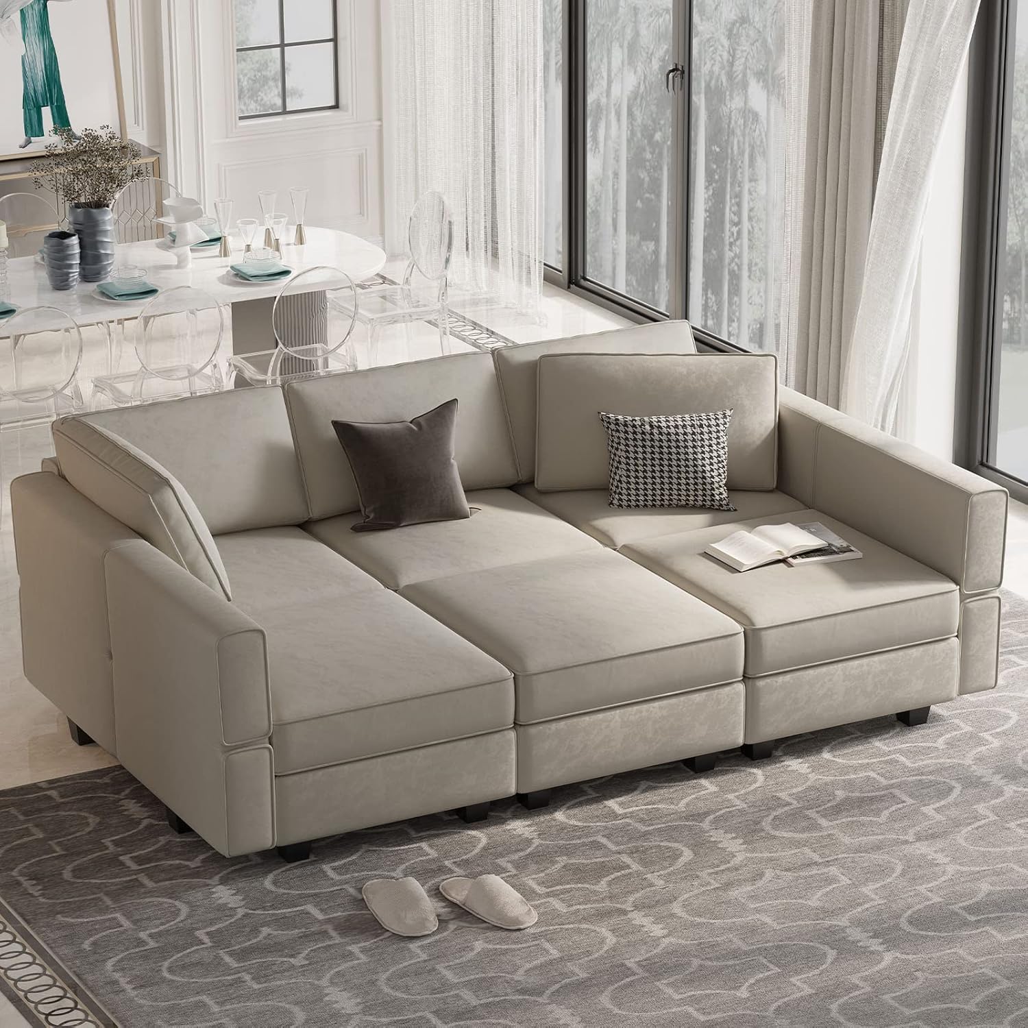 Modular Sectional Sofa with Ottomans Velvet Reversible Sleeper Chaise Bed Storage Seat Black