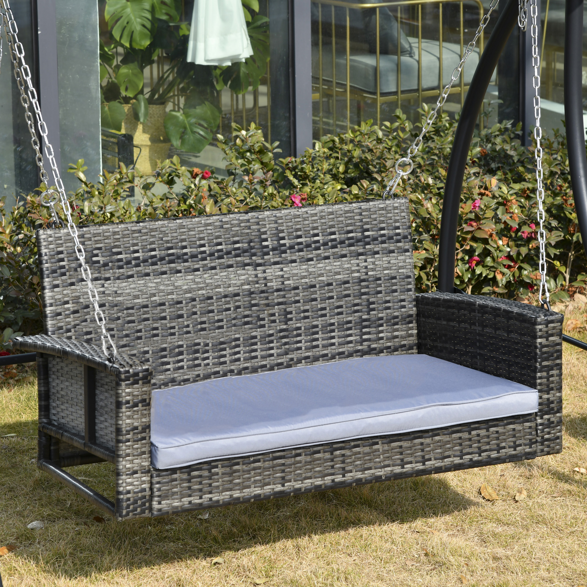 Outsunny Hängebank 2-Sitzer Rattan Gartenschaukel mit Sitzkissen Hängeschaukel Hollywoodschaukel Schaukelbank Gartenbank Grau 127 x 65 x 60 cm