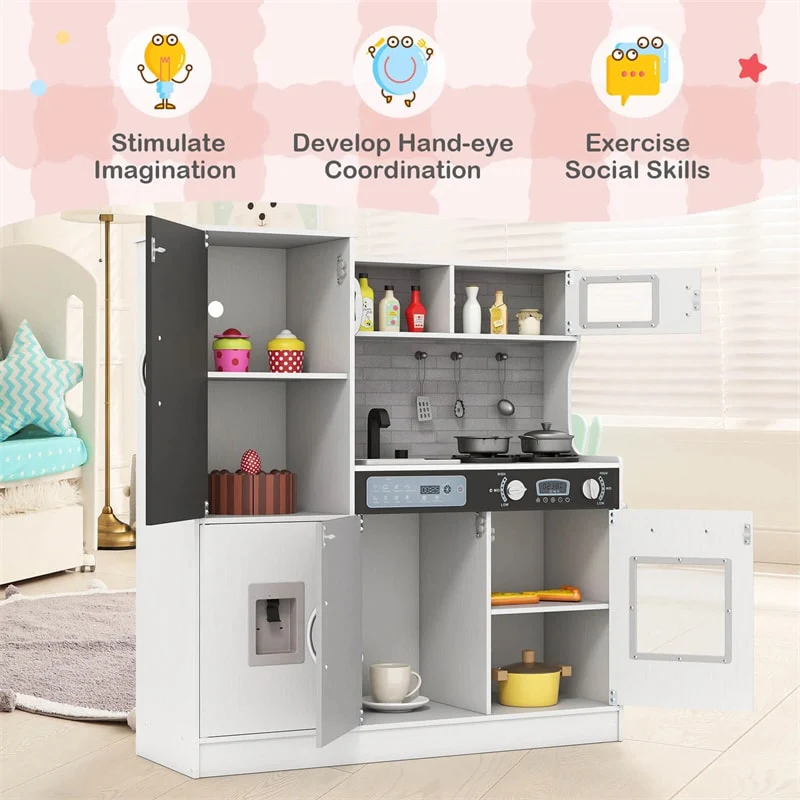 Large Wooden Kids Kitchen Playset, Little Chef Pretend Toy Kitchen Set w/Chalkboard, Microwave, Real Sounds & Lights for Toddlers Age 3+