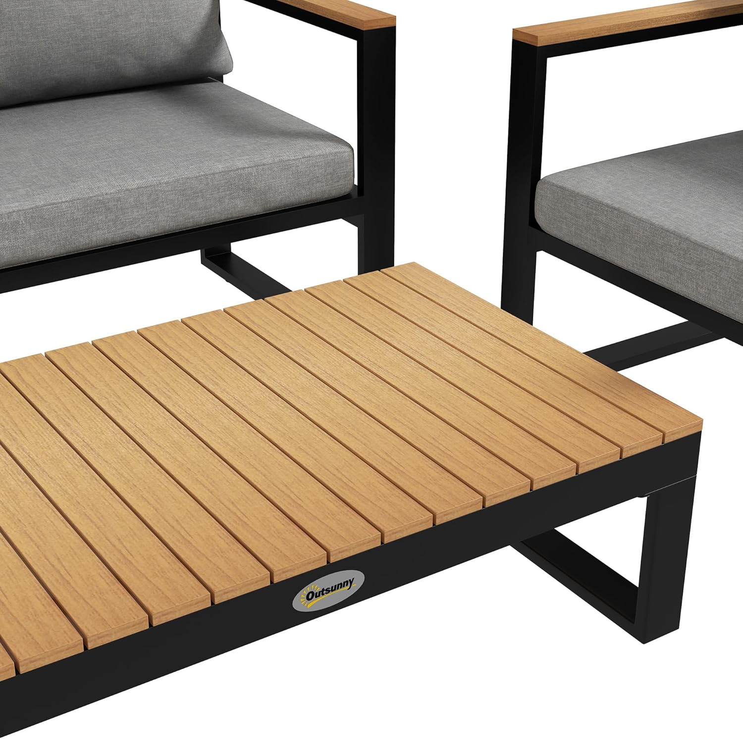 Outsunny 4-Piece Garden Living Room with Outdoor Sofa, 2 Armchairs and Coffee Table, Outdoor Set in Aluminium and Wood Effect Slats, Grey