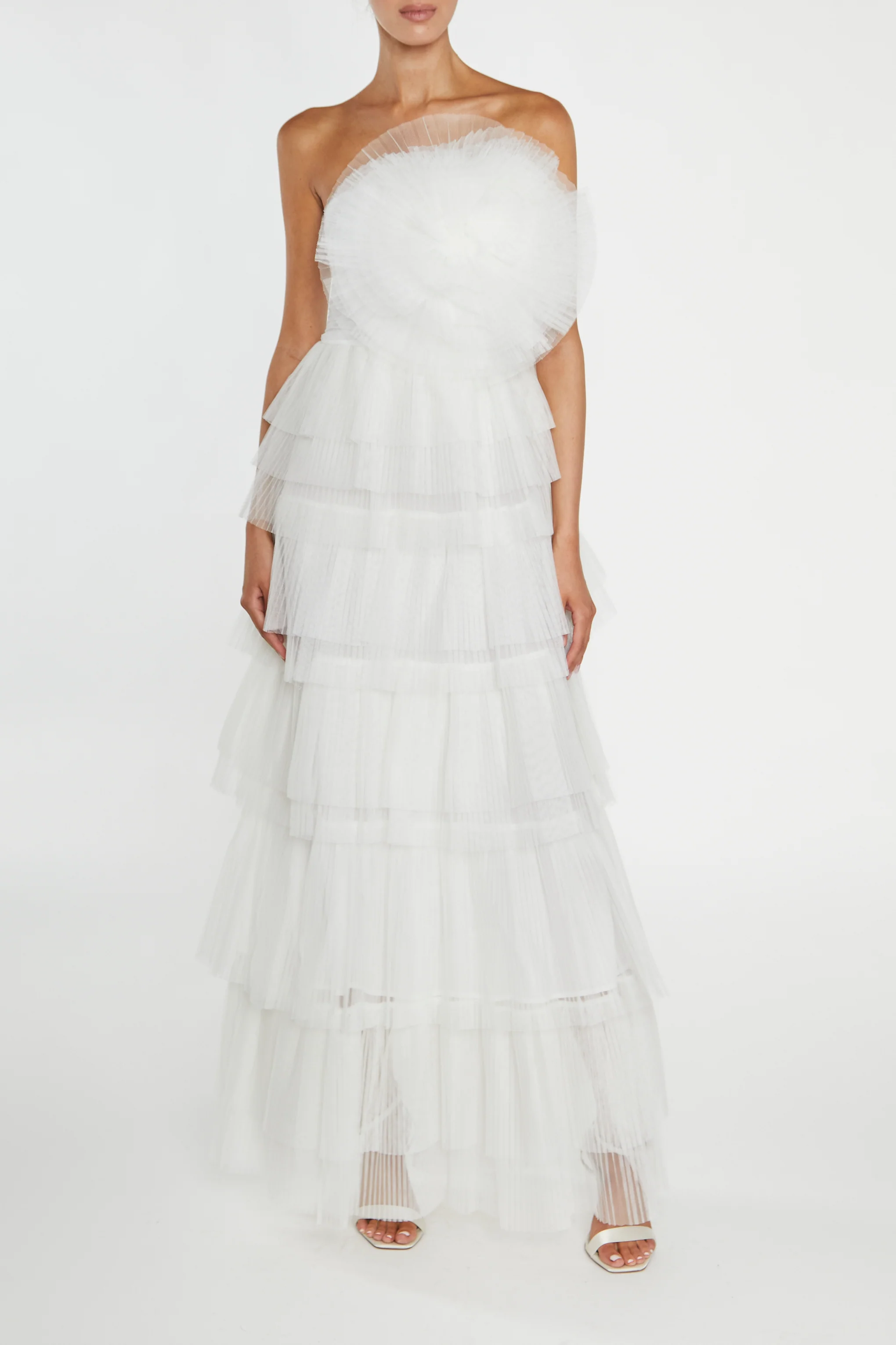 Valerie White Pleated 3D Tiered Midi-Dress
