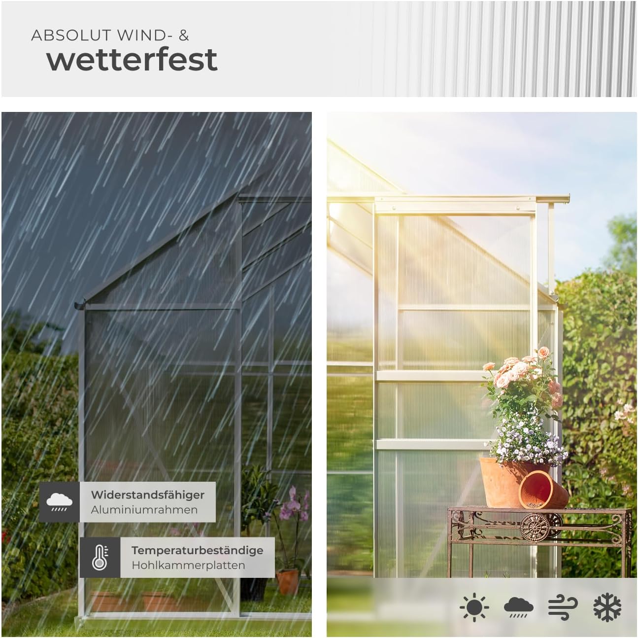 tectake® Aluminium Gewächshaus, 190x185x195 cm, Treibhaus, Tomatenhaus, Frühbeet, Pflanzenhaus, UV beständig, 4 mm Platte, Schiebetür & Dachfenster, Schutz vor Kälte, Regen und Frost - ohne Fundament