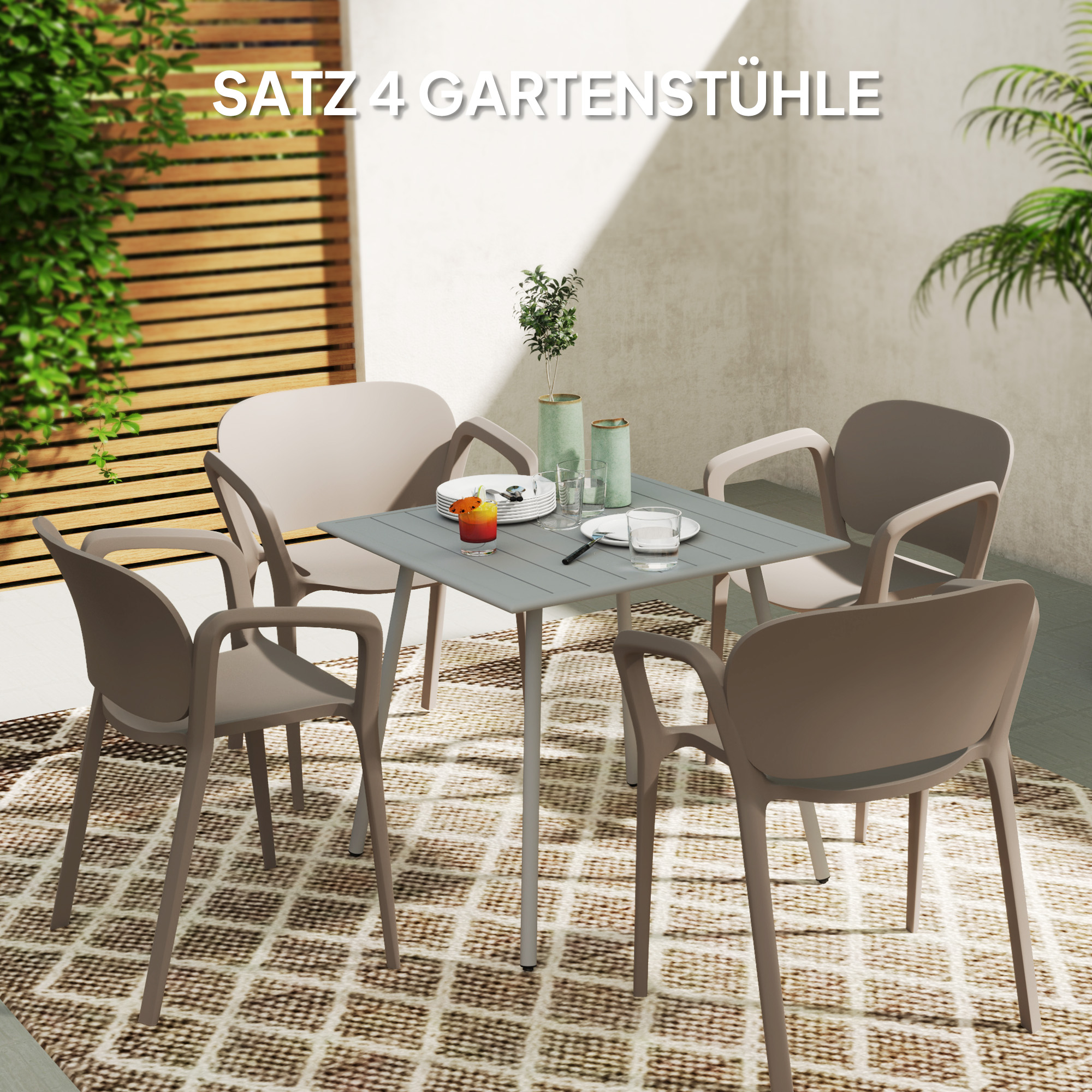 Outsunny 4-delige Tuinstoel Set Weerbestendig, Stapelbare Kunststof Stoelen met Armleuningen en Rugleuning tot 120 kg Belastbaar