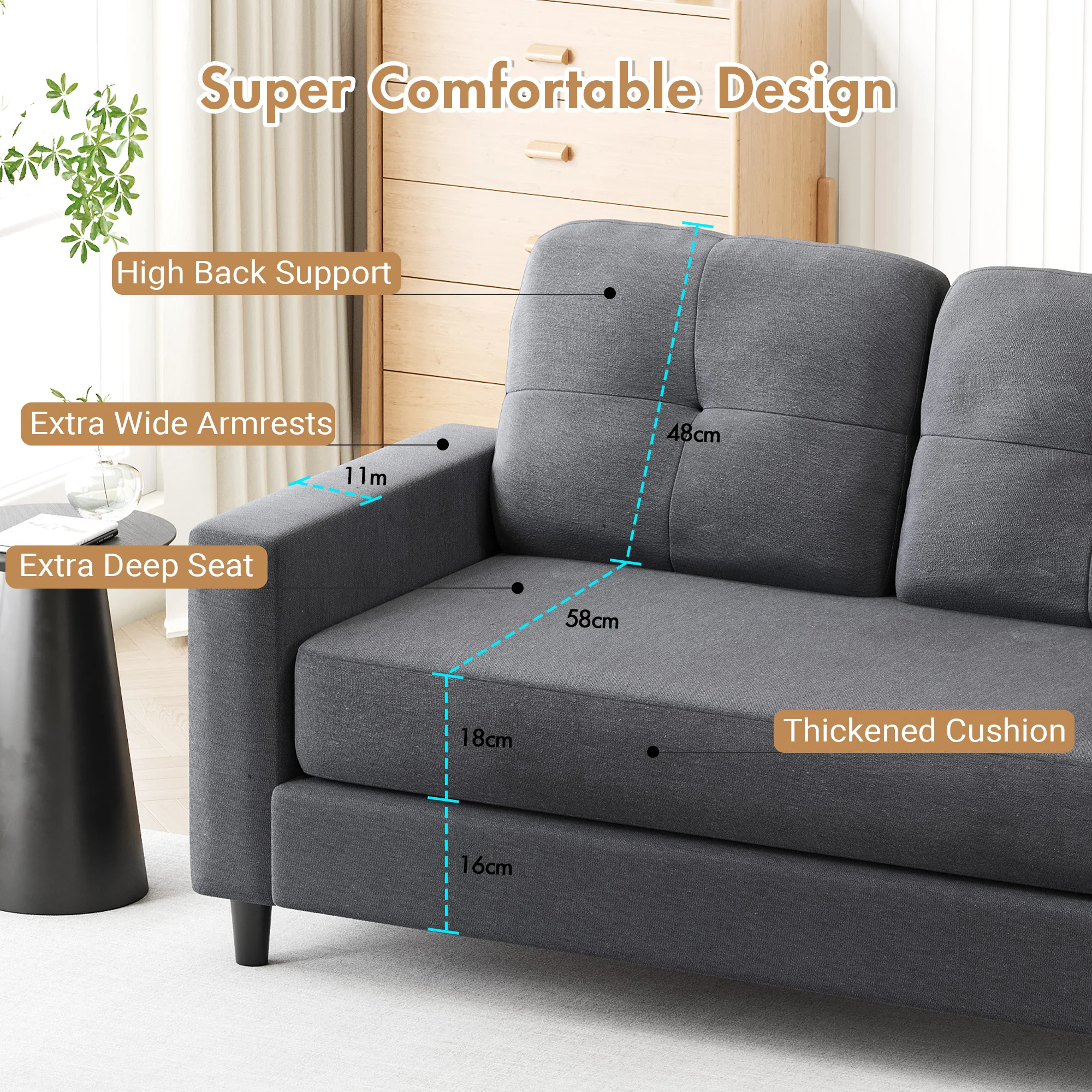 2-Seater Sofa 132cm Loveseat Sofa Dark Grey