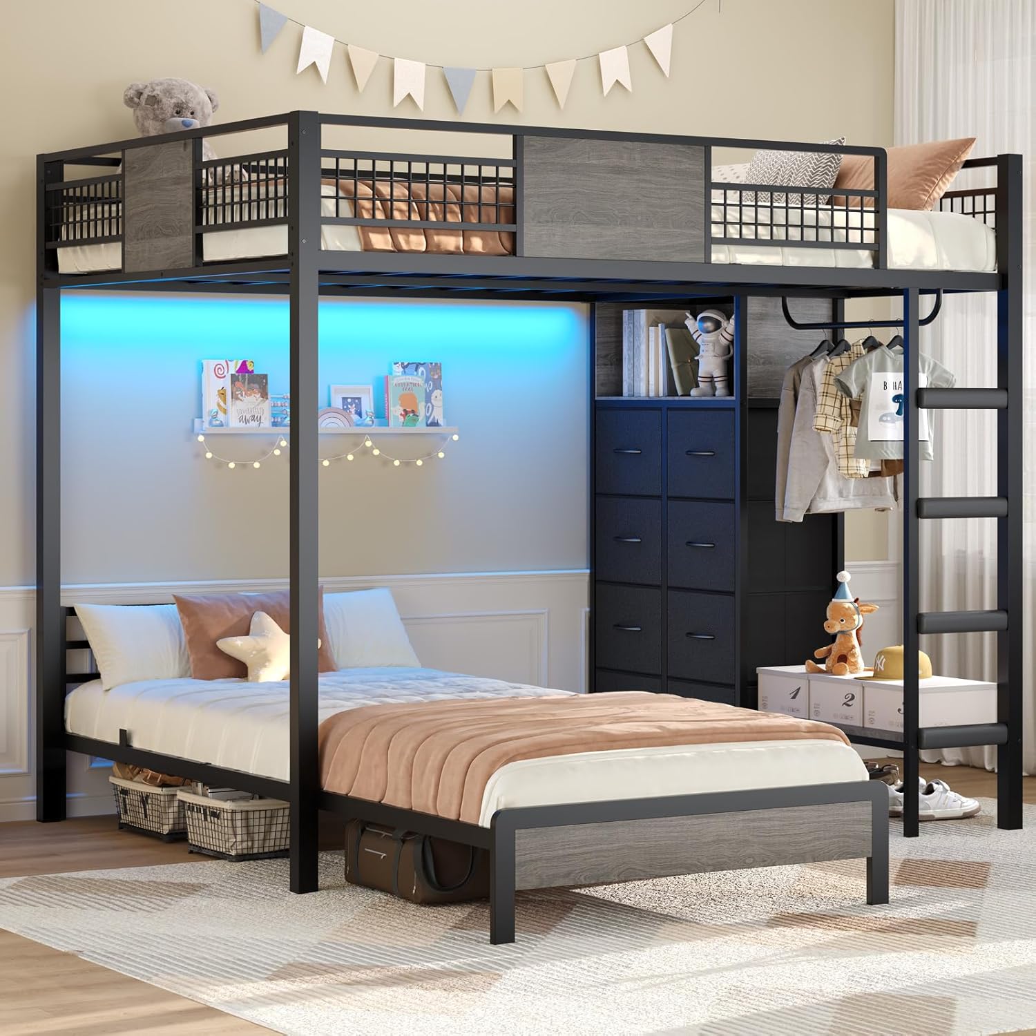 ADORNEVE Bunk Bed Twin Over Twin Size with 8 Storage Drawers, Twin Bunk Beds with Led Lights & Storage Shelves, Metal Loft Bed with 13.4