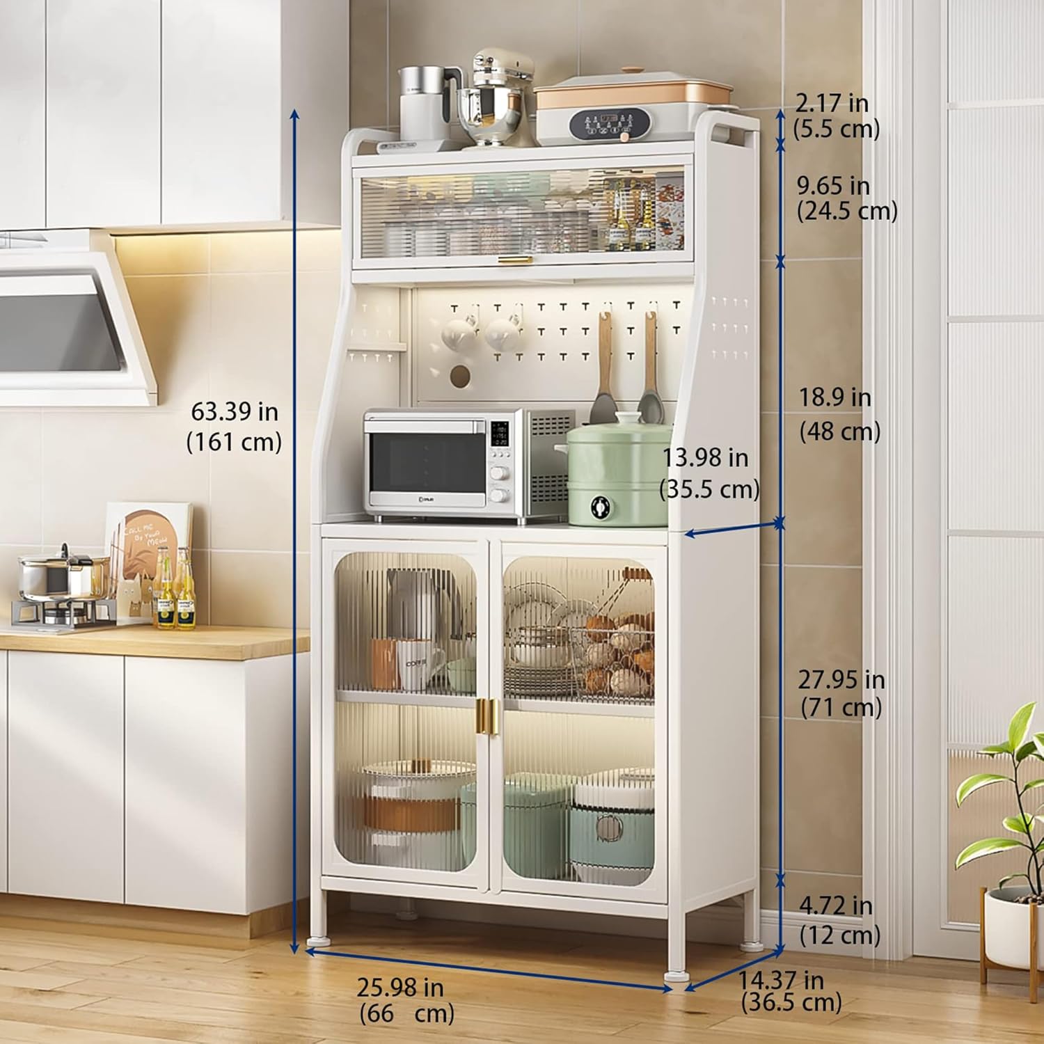 Credenza Cucina Alta con Ruote,Installazione senza viti,Mobile Microonde,Mobile Buffet con Ripiani Regolabili e Ante,Credenza Alta per Cucina,Soggiorno, Studio 160x66x36cm Bianco