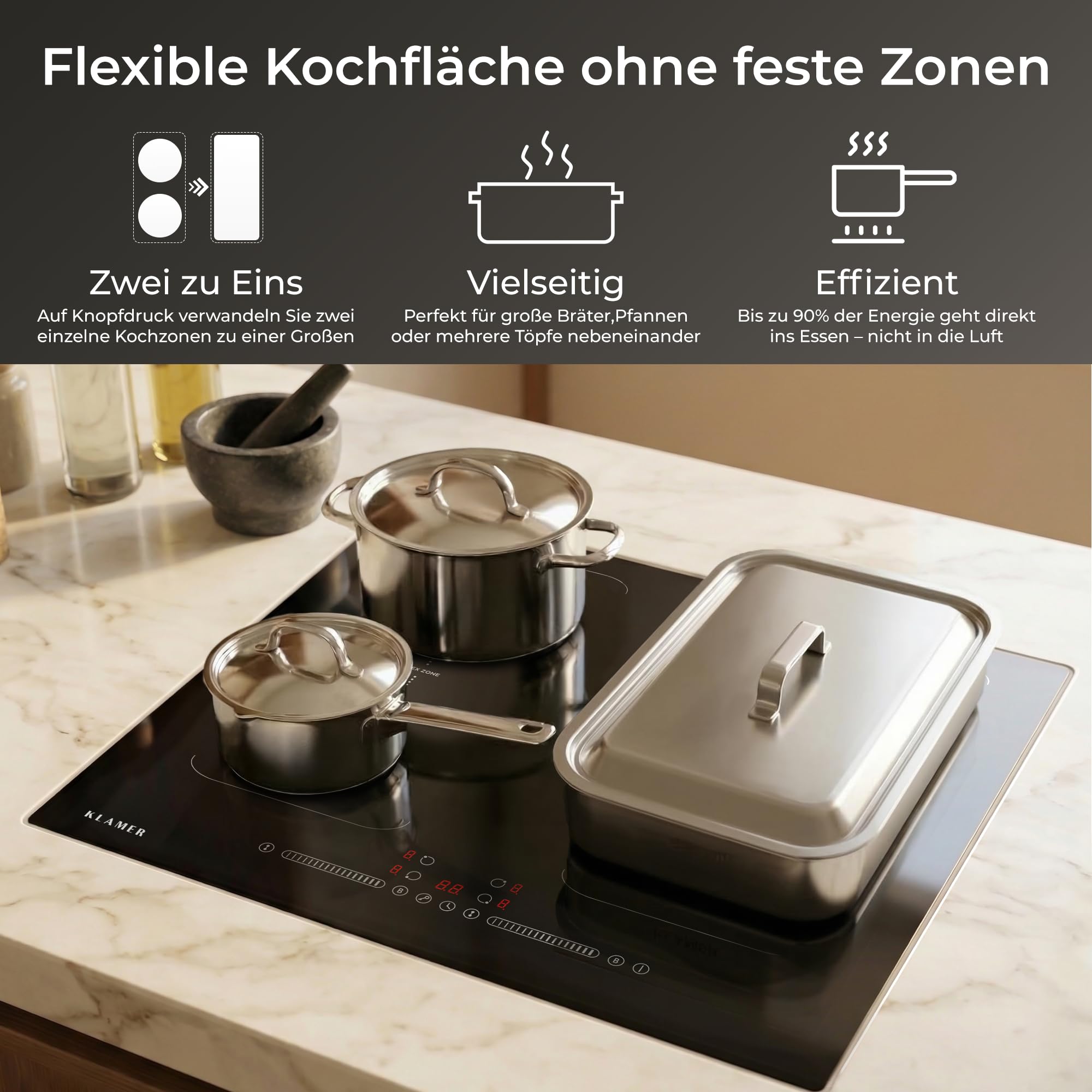 Induktionskochfeld 60 cm 4 Zonen 2 Flexzonen 7400 W Glaskeramik Boost-Funktion Timer Kindersicherung Abschaltautomatik